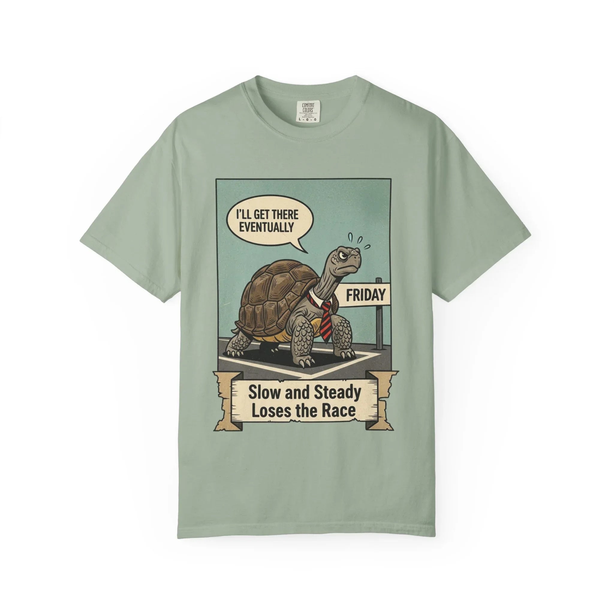 Funny Friday Shirt - Office Humor T-Shirt - Corporate Turtle Tee - Weekend Vibes Gift - "Slow and Steady Loses the Race" - Retro Animal Art Work Sarcasm Top Bay