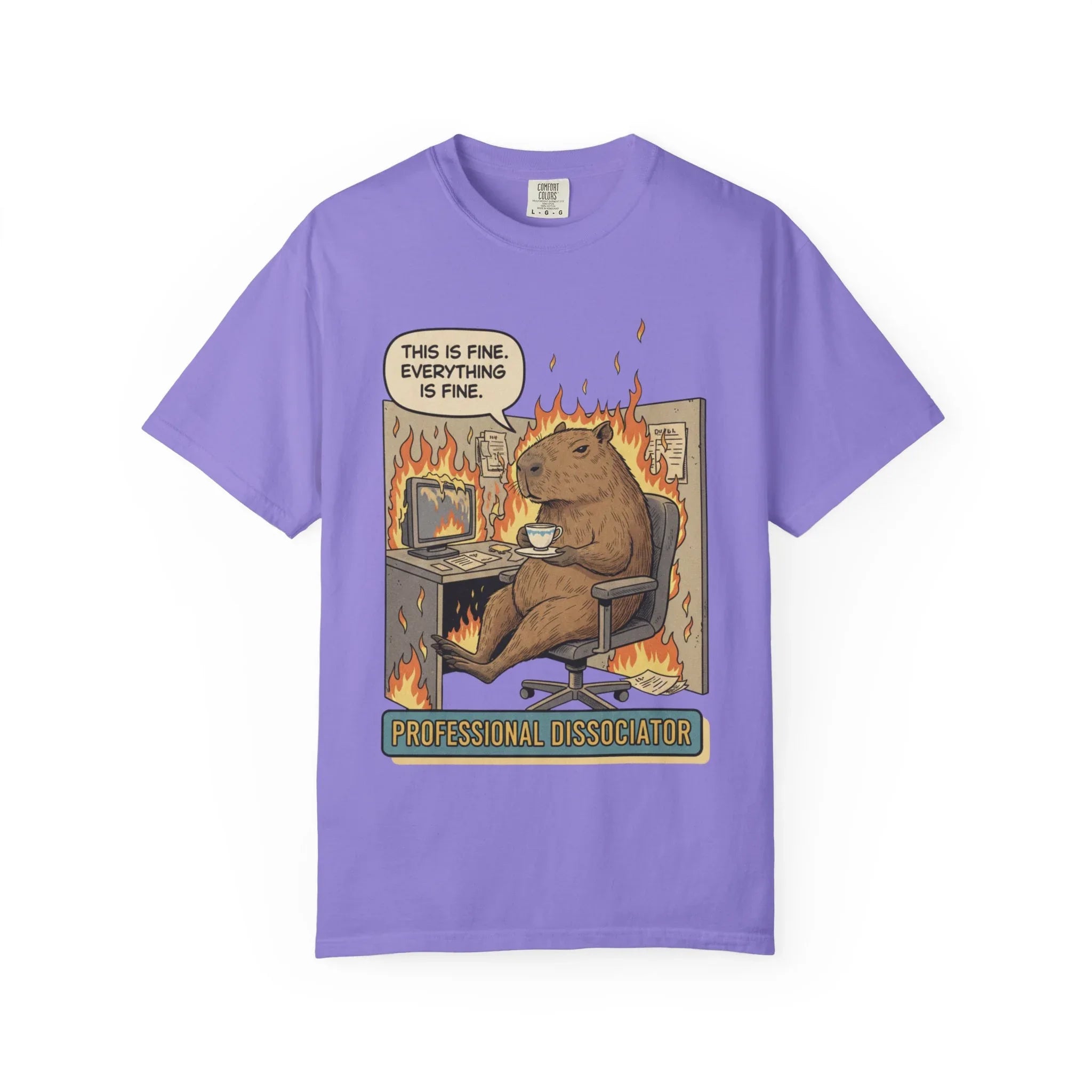 Funny Capybara "This Is Fine" Shirt - Professional Dissociator Tee - Mental Health Meme T-Shirt - Sarcastic Office Humor Gift - Relatable Corporate Grind Apparel Violet