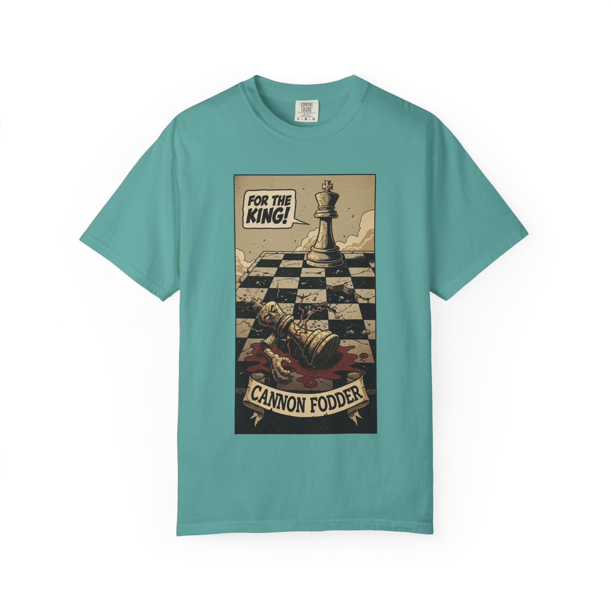 T-Shirt — "For the King! Cannon Fodder" Vintage Chess Graphic Tee Seafoam