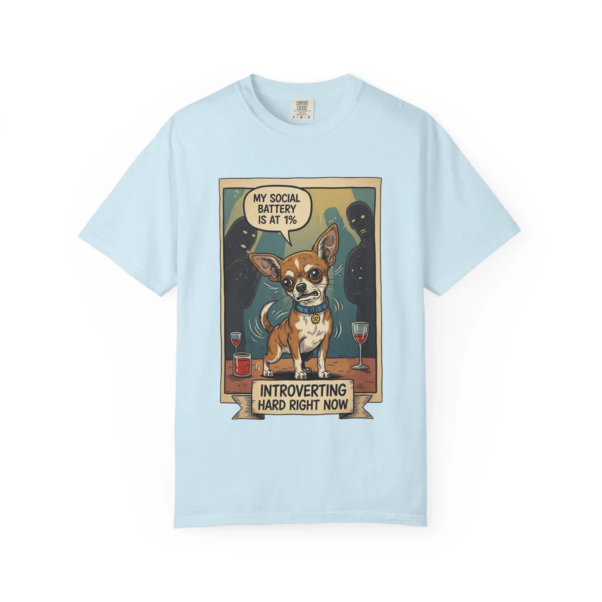 Funny Chihuahua Shirt - "Social Battery 1 Percent" Introvert Tee - Sarcastic Dog Mom Gift - Retro Graphic T-Shirt - Humorous Dog Lover "Introverting Hard" Top Chambray