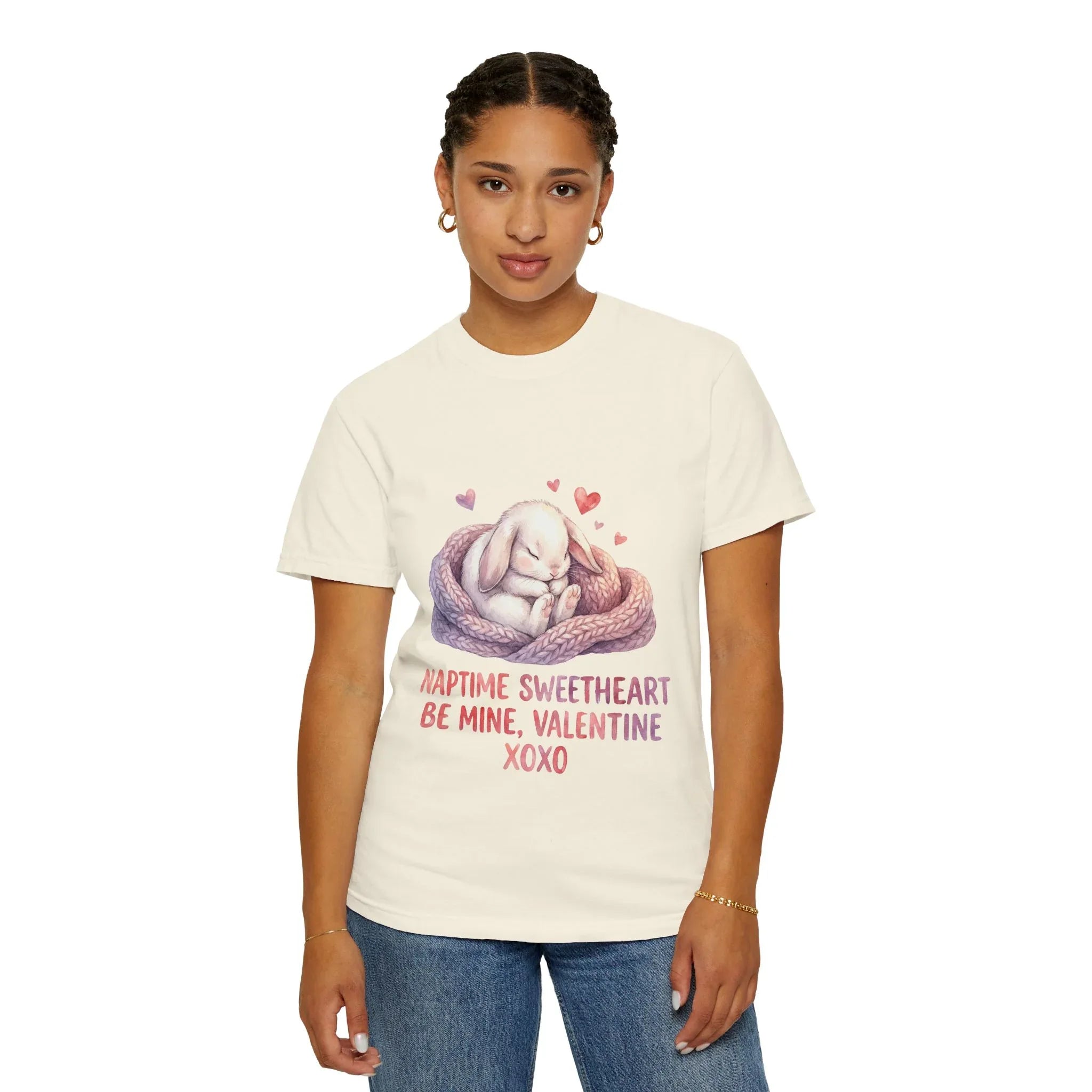 Sleeping Bunny Nest Valentine T Shirt Naptime Sweetheart Be Mine XOXO Watercolor Cozy Vintage Aesthetic Gift Bunny Lovers Romantic Tee
