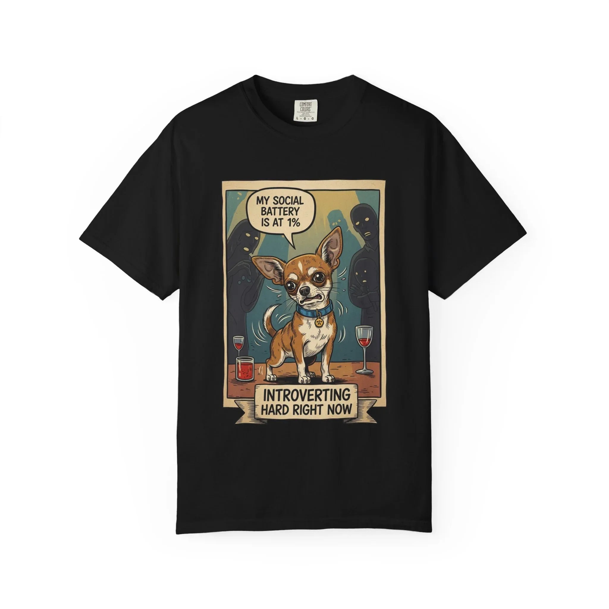 Funny Chihuahua Shirt - "Social Battery 1 Percent" Introvert Tee - Sarcastic Dog Mom Gift - Retro Graphic T-Shirt - Humorous Dog Lover "Introverting Hard" Top Black