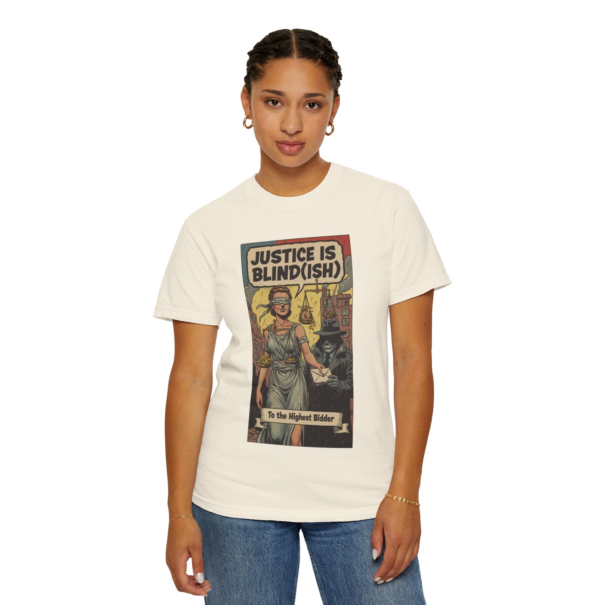 Justice Is Blind(ish) Shirt - Vintage Satire T-Shirt - Retro Comic Graphic Tee - Sarcastic Lady Justice Gift - Garment-Dyed Streetwear