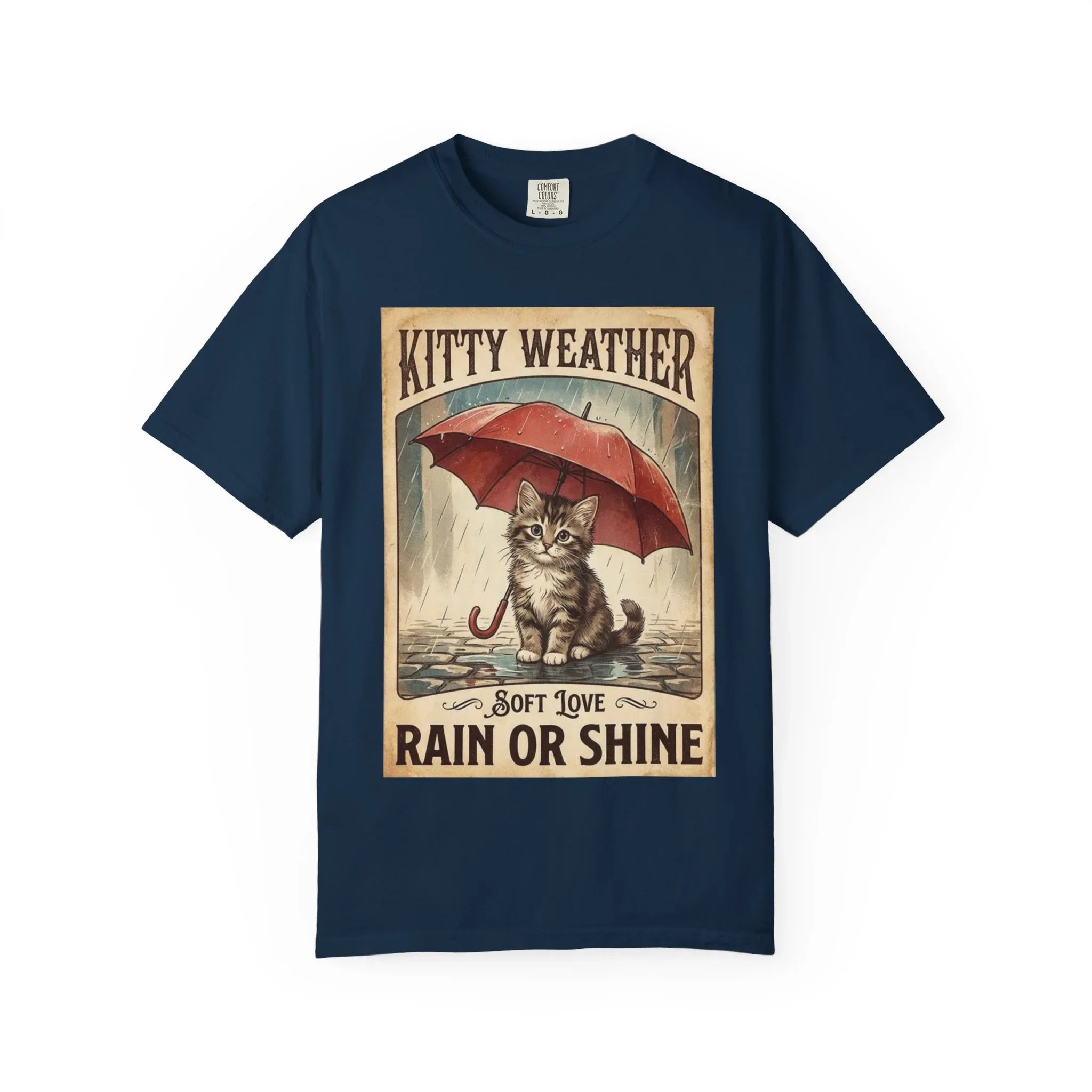 Kitty Weather Rain or Shine Shirt, Umbrella Cat Vintage Poster T-Shirt, Cozy Rainy Day Kitten Tee, Retro Cat Lover Gift True Navy