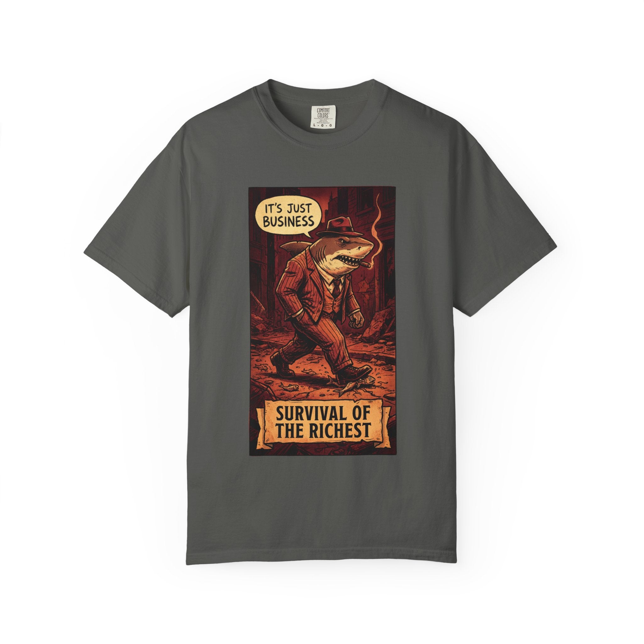 Survival of the Richest Vintage Comic Shirt | Retro Business Shark Satire Tee | Dark Humor Corporate Streetwear Pepper