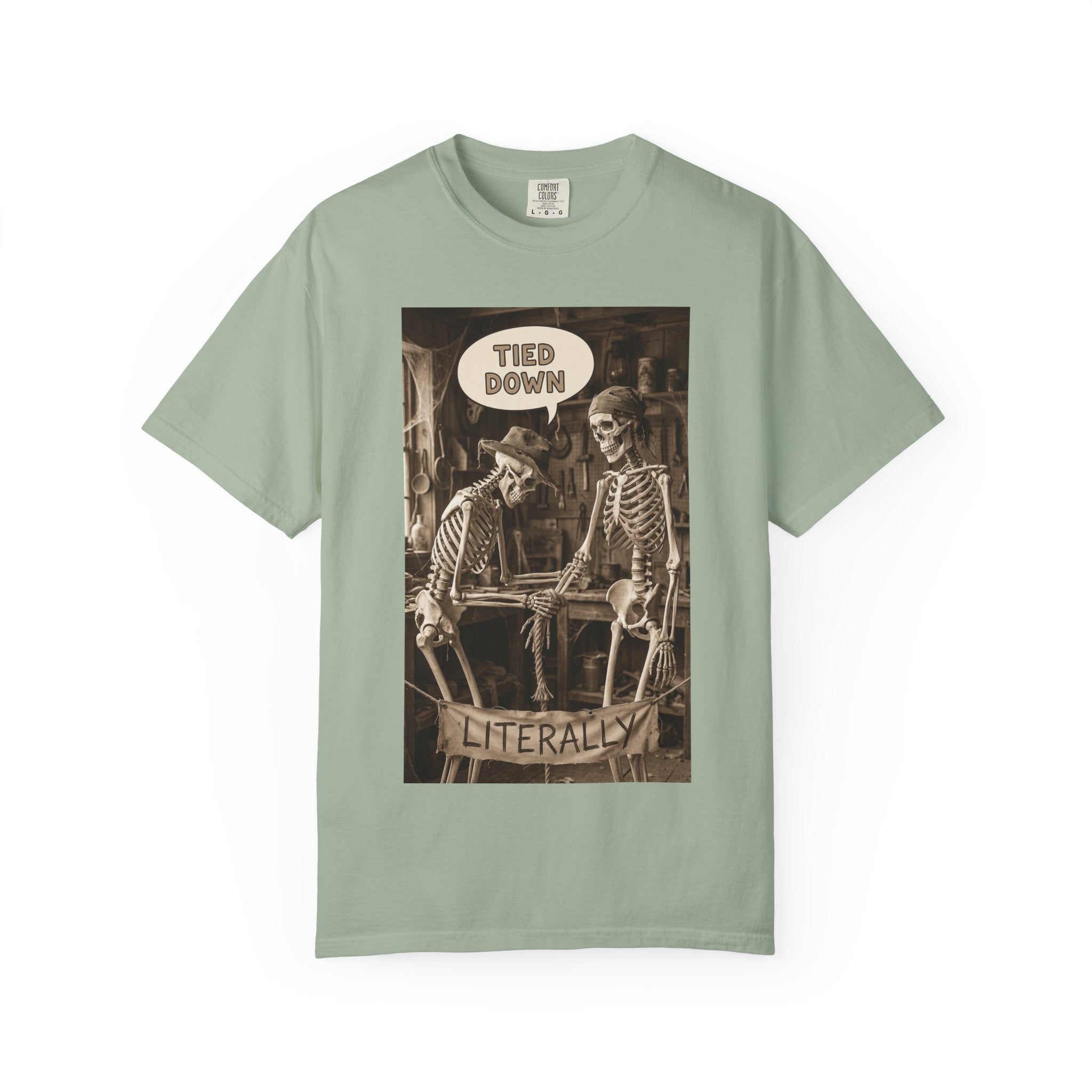 🪢 Tied Down Literally – Vintage Skeleton Satire & Dark Humor Streetwear Unisex Garment-Dyed T-shirt Bay
