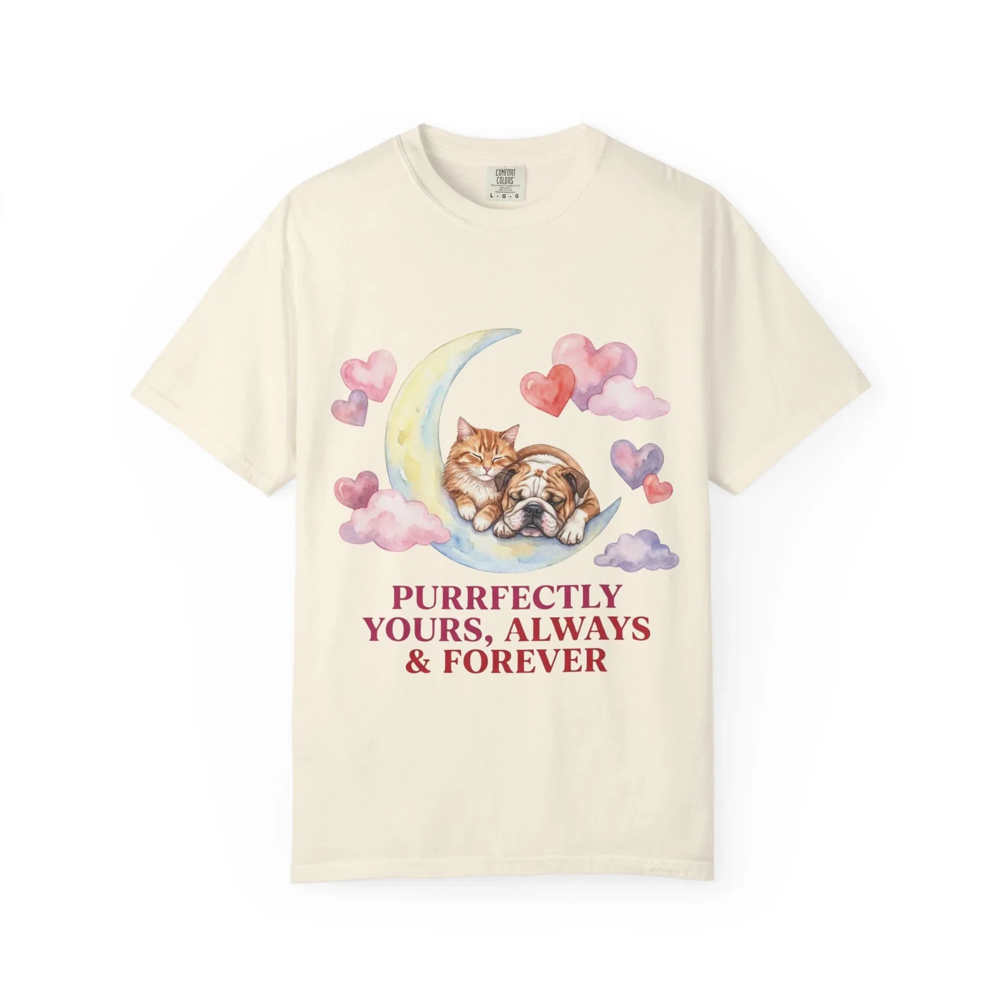 Purrfectly Yours Cat Dog Moon T Shirt Cute Pet Friends Hearts Watercolor Cozy Vintage Aesthetic Gift Pet Lovers Soft Cotton Romantic Tee Ivory