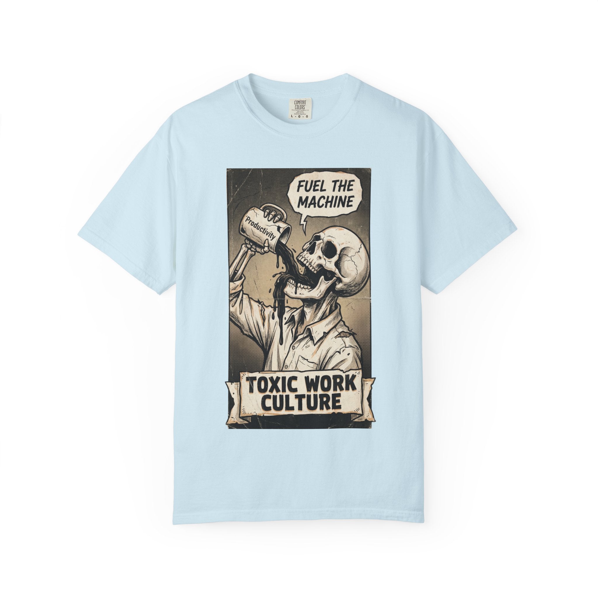 Toxic Work Culture Shirt, Fuel The Machine Skeleton Tee, Productivity Coffee Graphic, Sarcastic Office Worker Gift, Vintage Grunge Streetwear Chambray