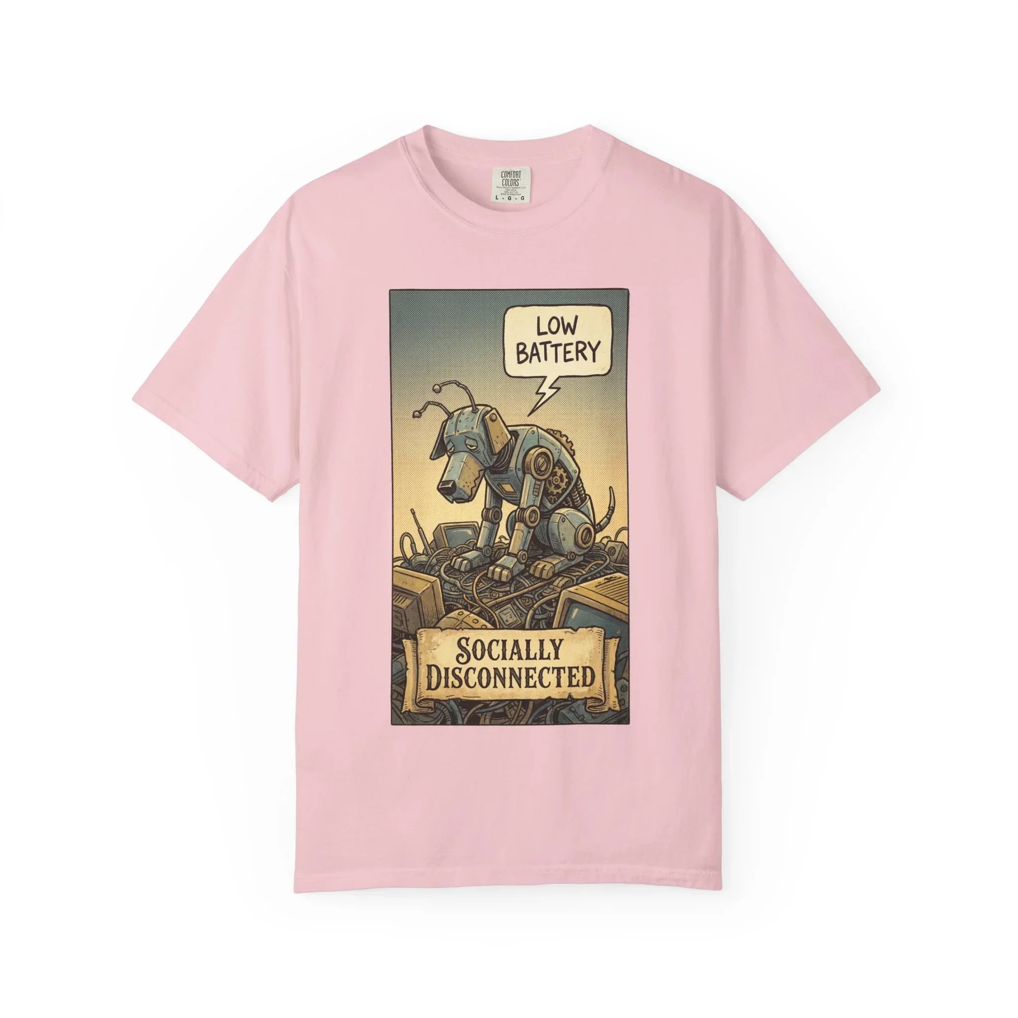 Socially Disconnected Robot Dog Shirt - Vintage Retro Comic Tee - Social Battery Introvert Gift - Satirical Humor Aesthetic T-Shirt - Relatables Low Battery Robot Graphic Tee Blossom
