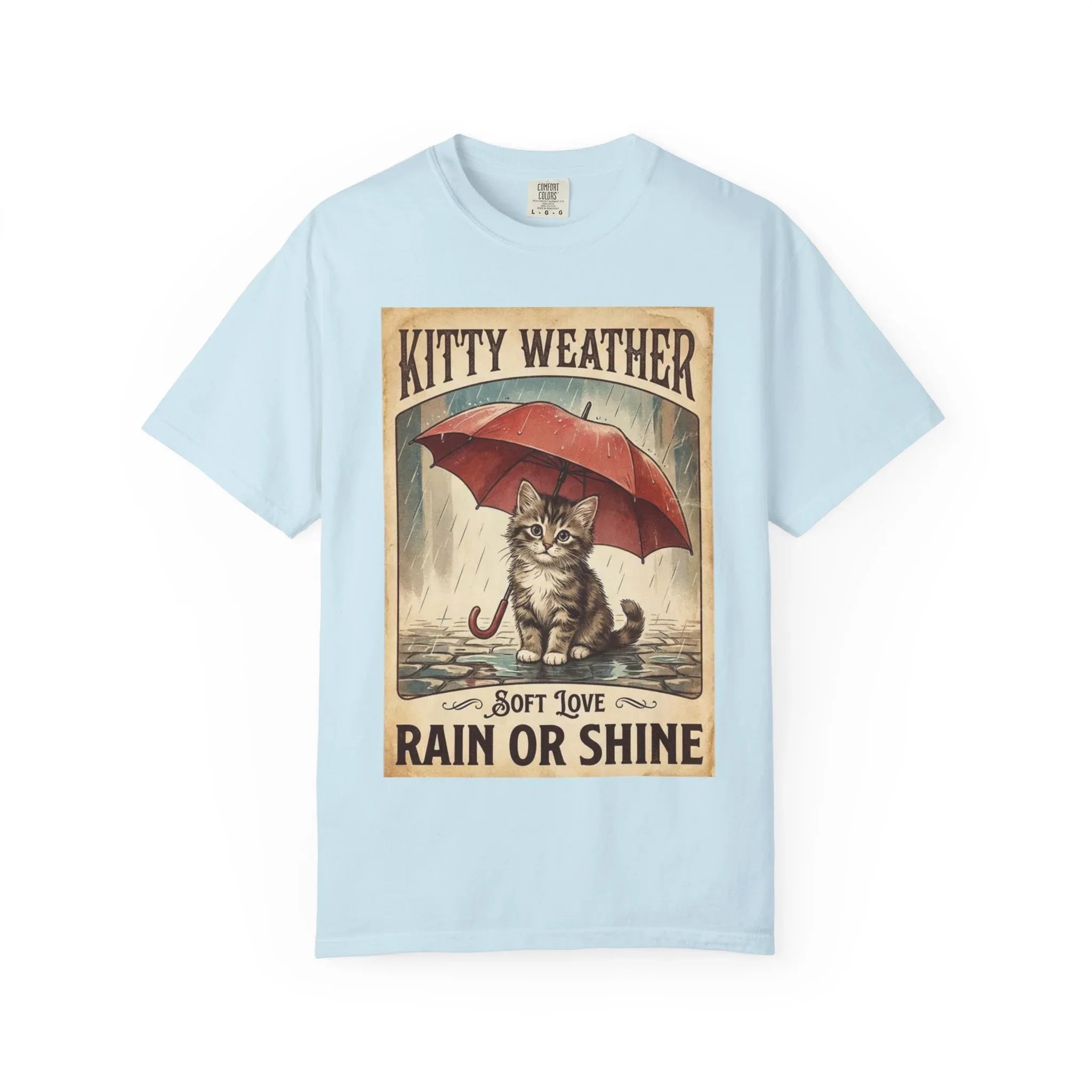 Kitty Weather Rain or Shine Shirt, Umbrella Cat Vintage Poster T-Shirt, Cozy Rainy Day Kitten Tee, Retro Cat Lover Gift Chambray
