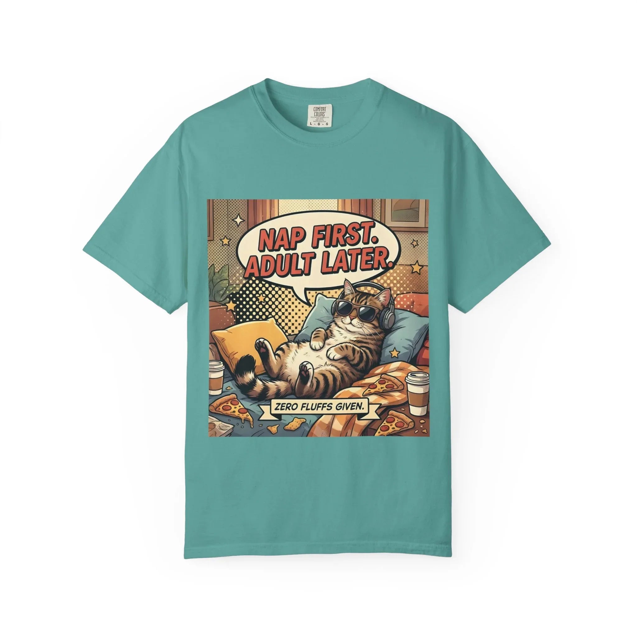 Nap First Adult Later T-Shirt | Retro Cat Comic Lazy Illustration | Cozy Humor Gift | Vintage Anti Adulting Tee Seafoam