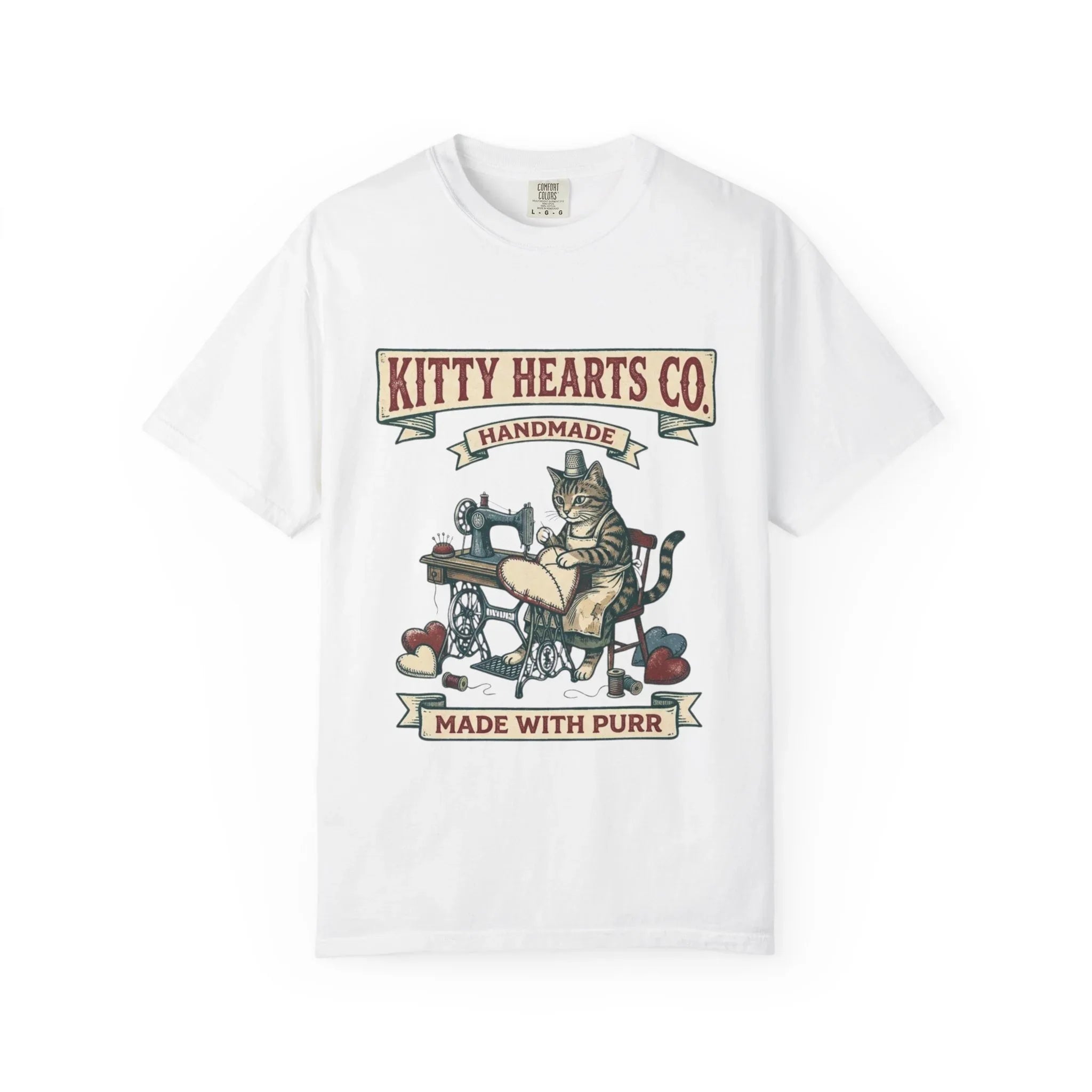 Kitty Hearts Co T-Shirt | Vintage Sewing Cat Made With Purr Graphic Tee | Retro Craft Cat Lover Gift Shirt White