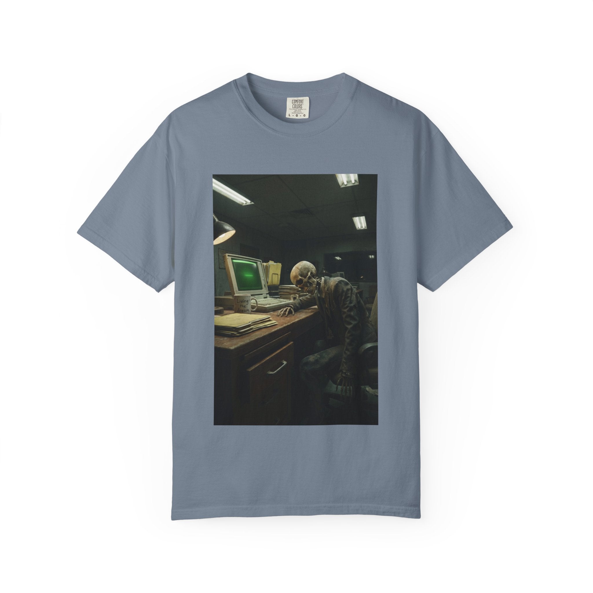 Living The Dream Skeleton T-Shirt - Funny Corporate Burnout Shirt - Vintage Aesthetic Dark Humor Office Tee - Sarcastic Work Gift Blue Jean