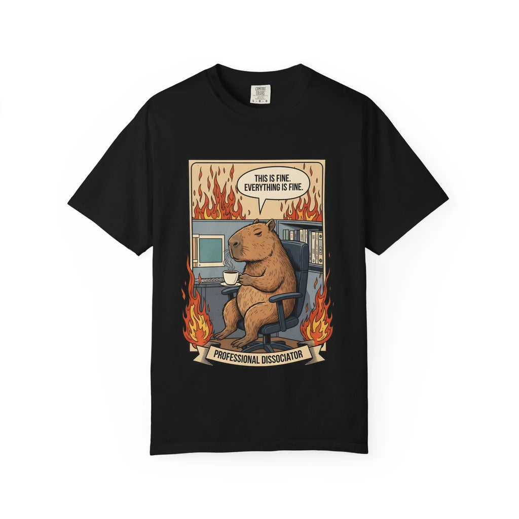 Funny Capybara Shirt - "This Is Fine" Meme Hoodie - Professional Dissociator Gift - Office Humor Graphic Tee - Anxiety & Mental Health Crewneck - Cute Chill Rodent Top Black