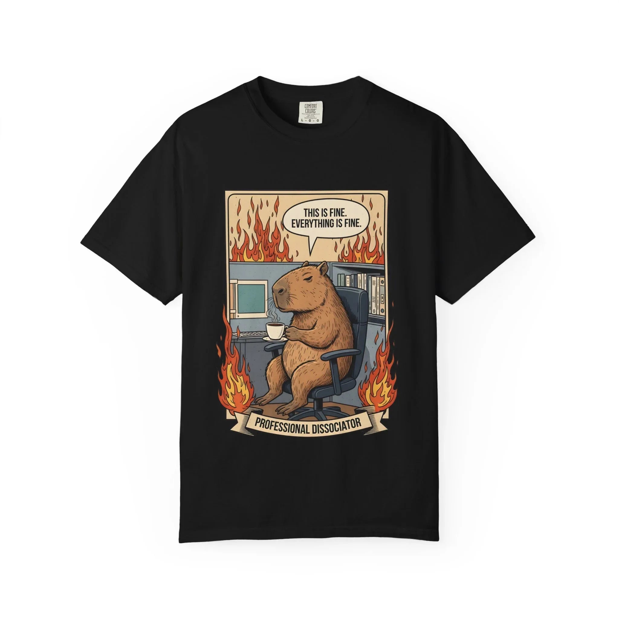 Funny Capybara Shirt - "This Is Fine" Meme Hoodie - Professional Dissociator Gift - Office Humor Graphic Tee - Anxiety & Mental Health Crewneck - Cute Chill Rodent Top Black