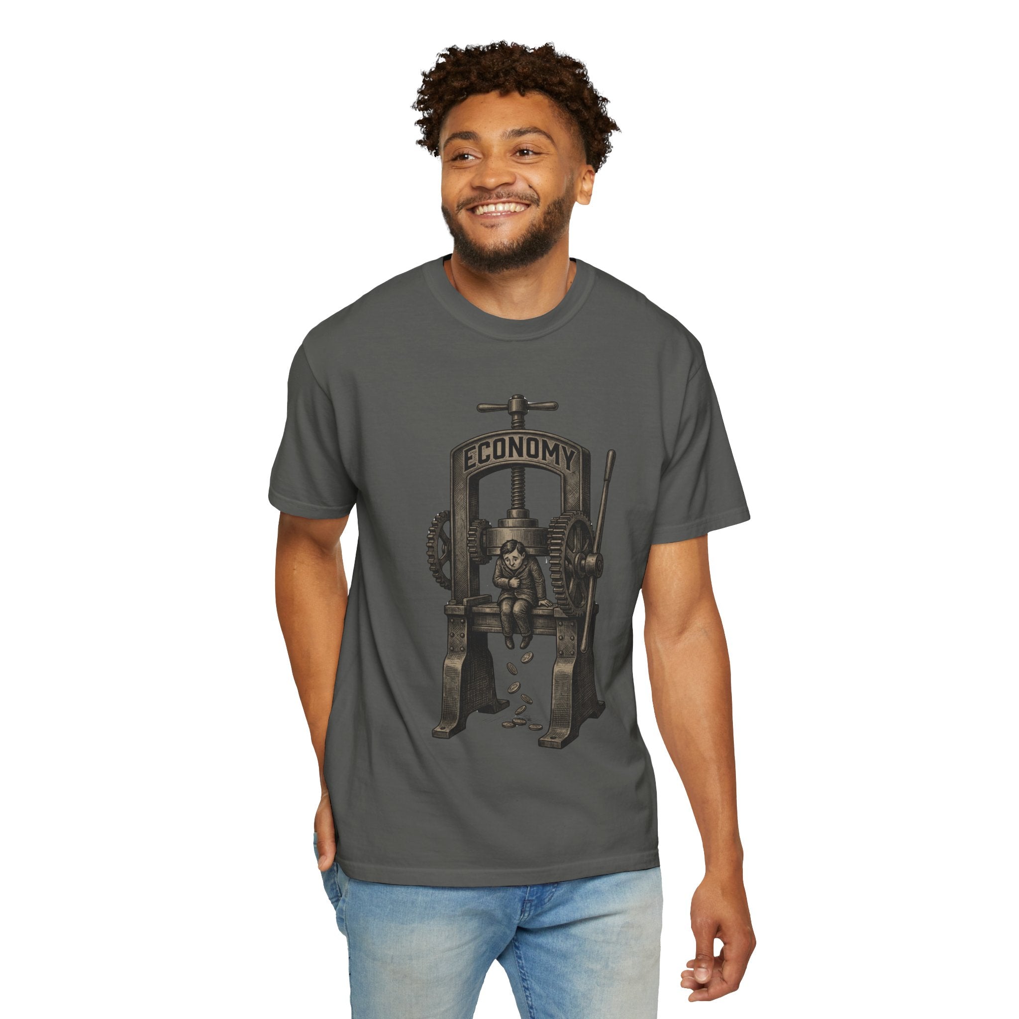 Vintage "ECONOMY" Press T-Shirt | Retro Industrial Satire Graphic Tee | Hand-Drawn Woodcut Style Socio-Economic Statement Shirt
