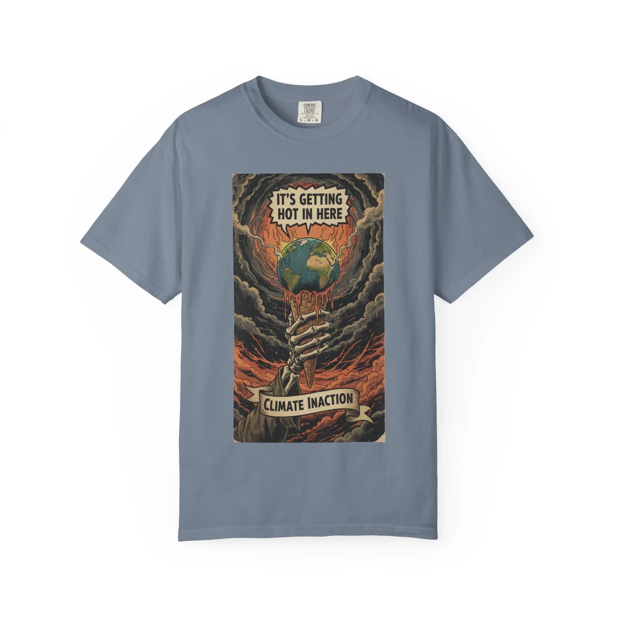 Climate Inaction Skeleton Melting Earth Shirt - Vintage Graphic Global Warming Activist Tee - Retro Aesthetic Sarcastic Eco-Friendly Gift - Heavyweight Garment-Dyed Unisex T-shirt Blue Jean