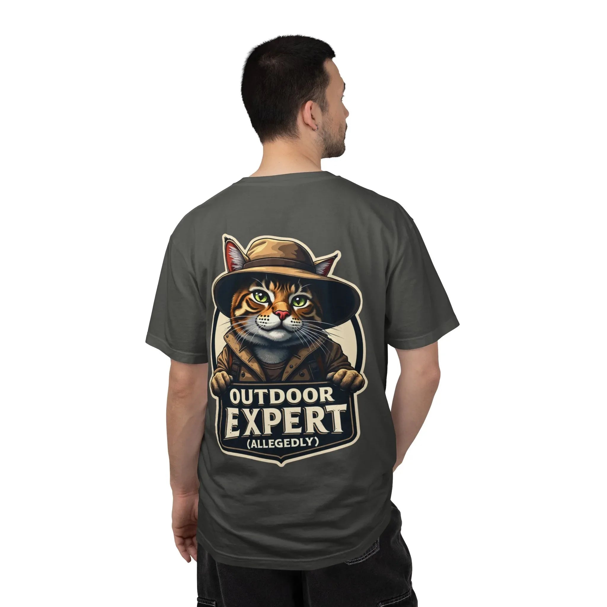 Outdoor Expert Cat T-Shirt, Outdoor Expert (Allegedly) Back Print Tee, Funny Camping Cat in Fedora Badge, Unisex Garment-Dyed Pepper
