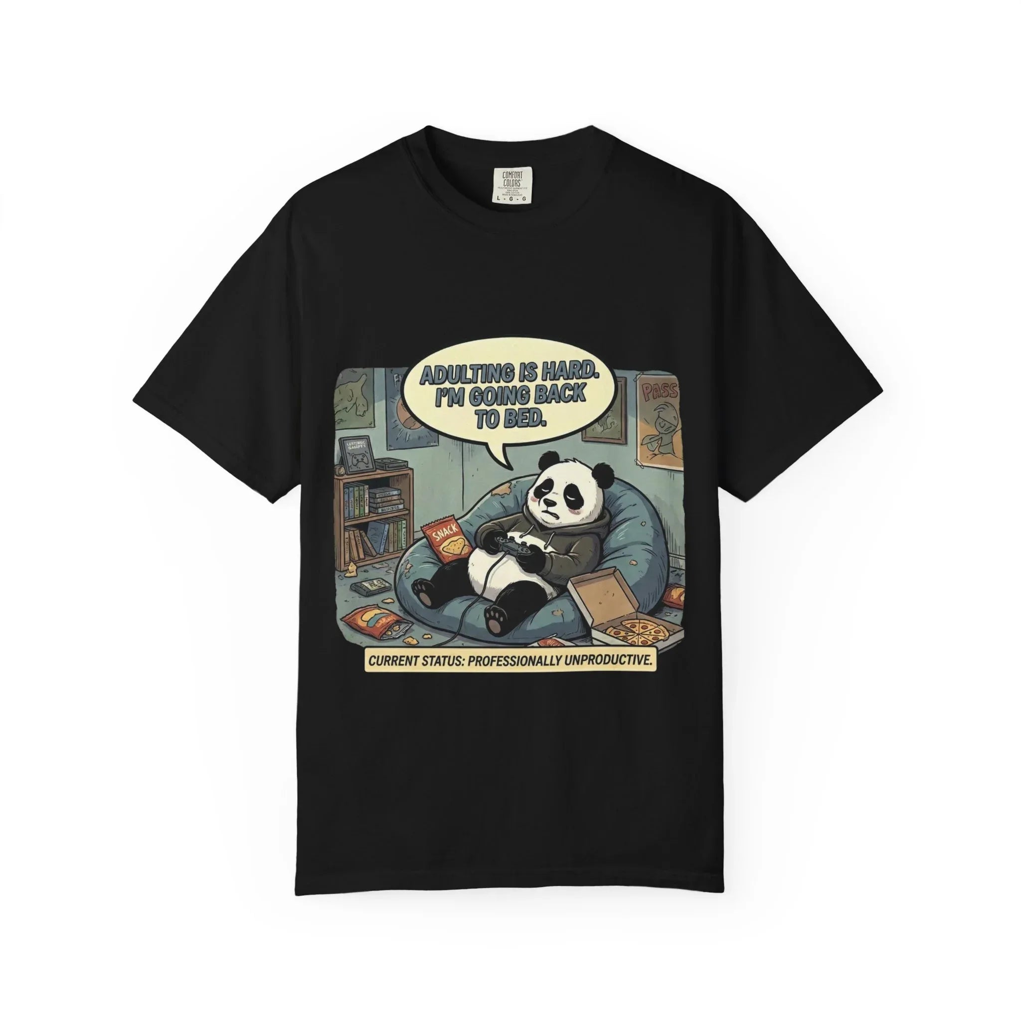 Adulting Is Hard Panda T-Shirt | Lazy Reading Graphic Tee | Cozy Bookworm Humor Gift | Vintage Anti Hustle Comic Shirt Black