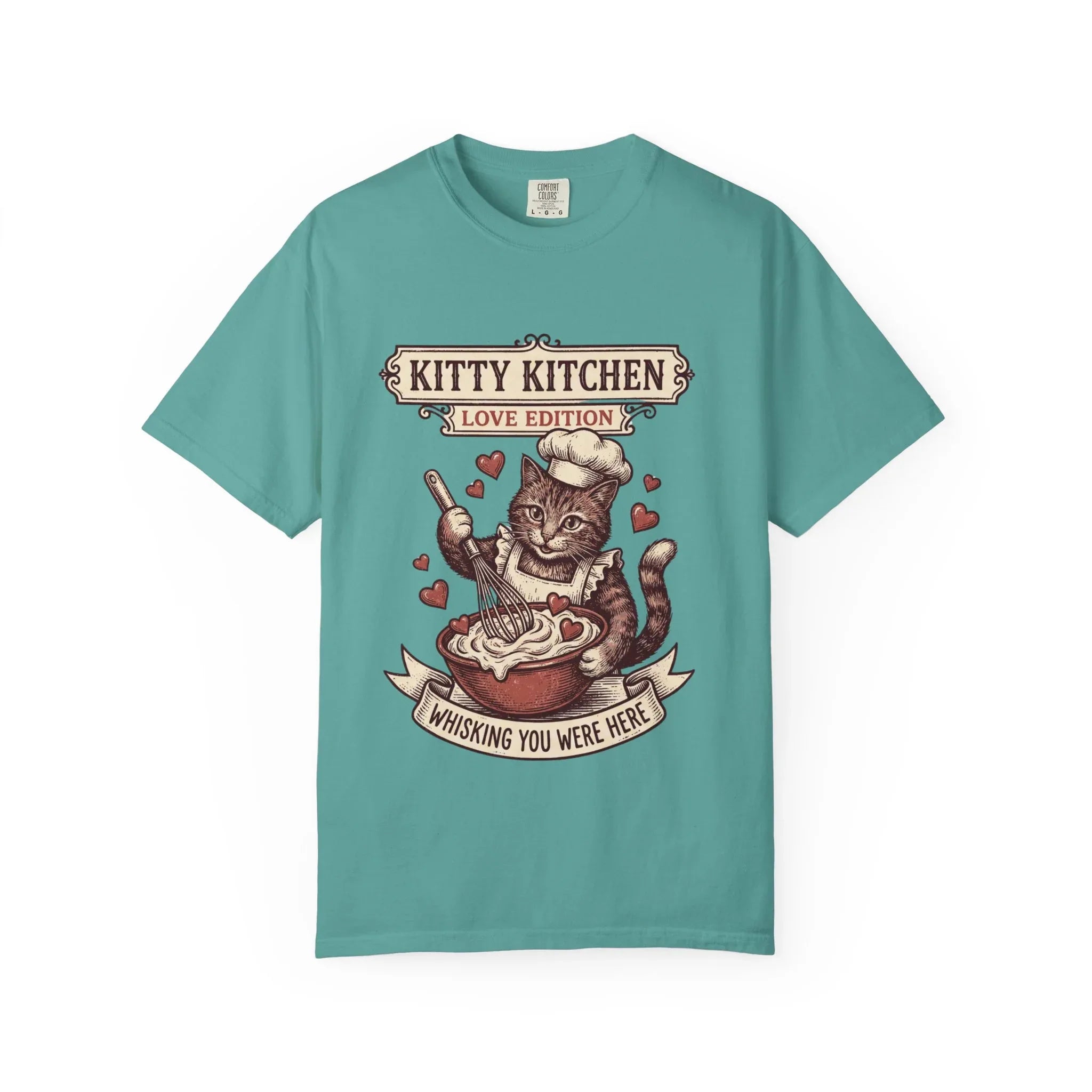 Kitty Kitchen Love T-Shirt | Vintage Cat Chef Whisking You Were Here Graphic Tee Seafoam