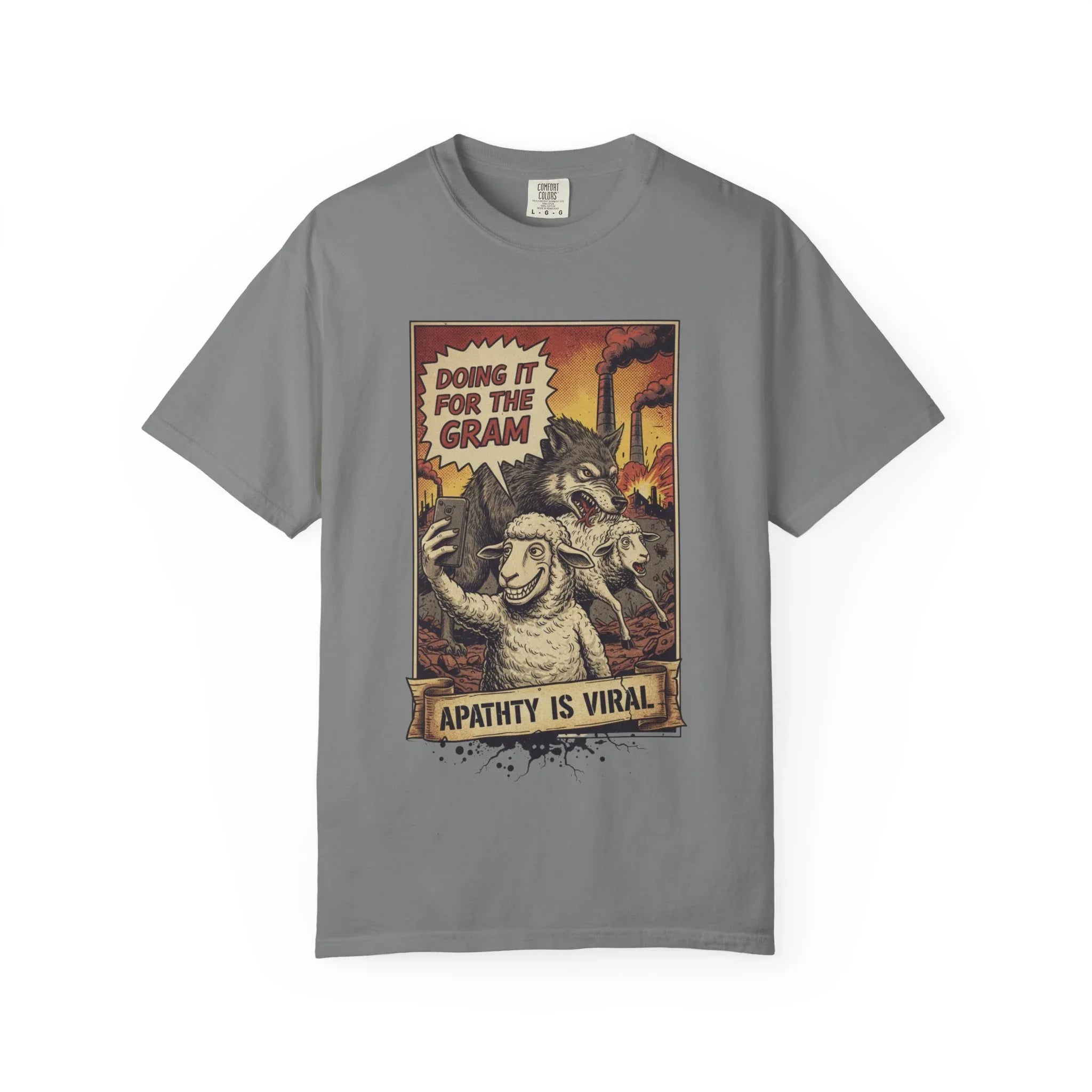 Doing It For The Gram Vintage Shirt - Satirical Wolf and Sheep Graphic Tee - Retro Social Media Irony T-Shirt - 1950s Propaganda Style Dark Humor - Unapologetic Social Critique Apparel Grey