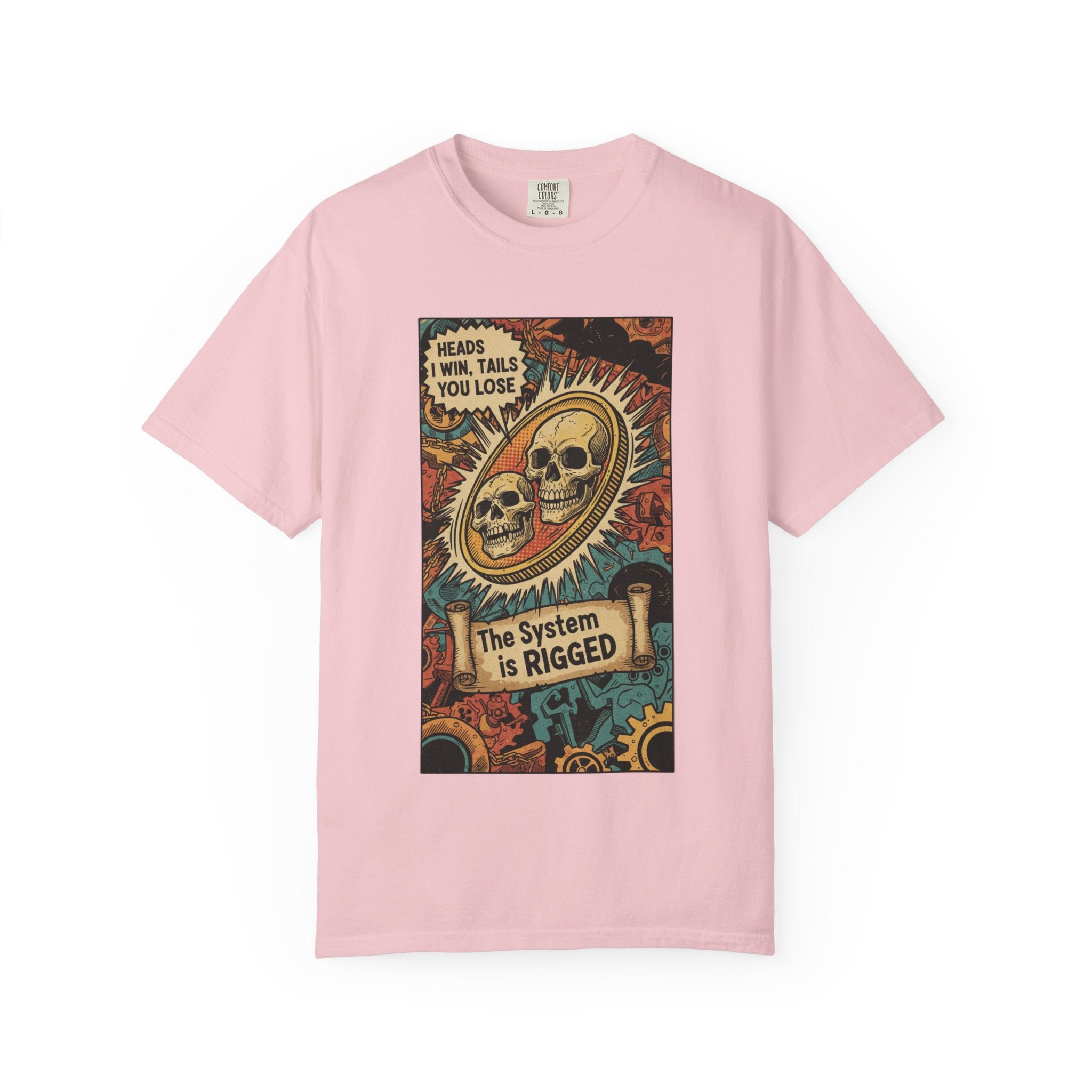 The System Is Rigged T-Shirt - Vintage Satirical Skull Coin Graphic - Dark Humor Chess Knight Pawn Tee - Retro Propaganda Streetwear Blossom