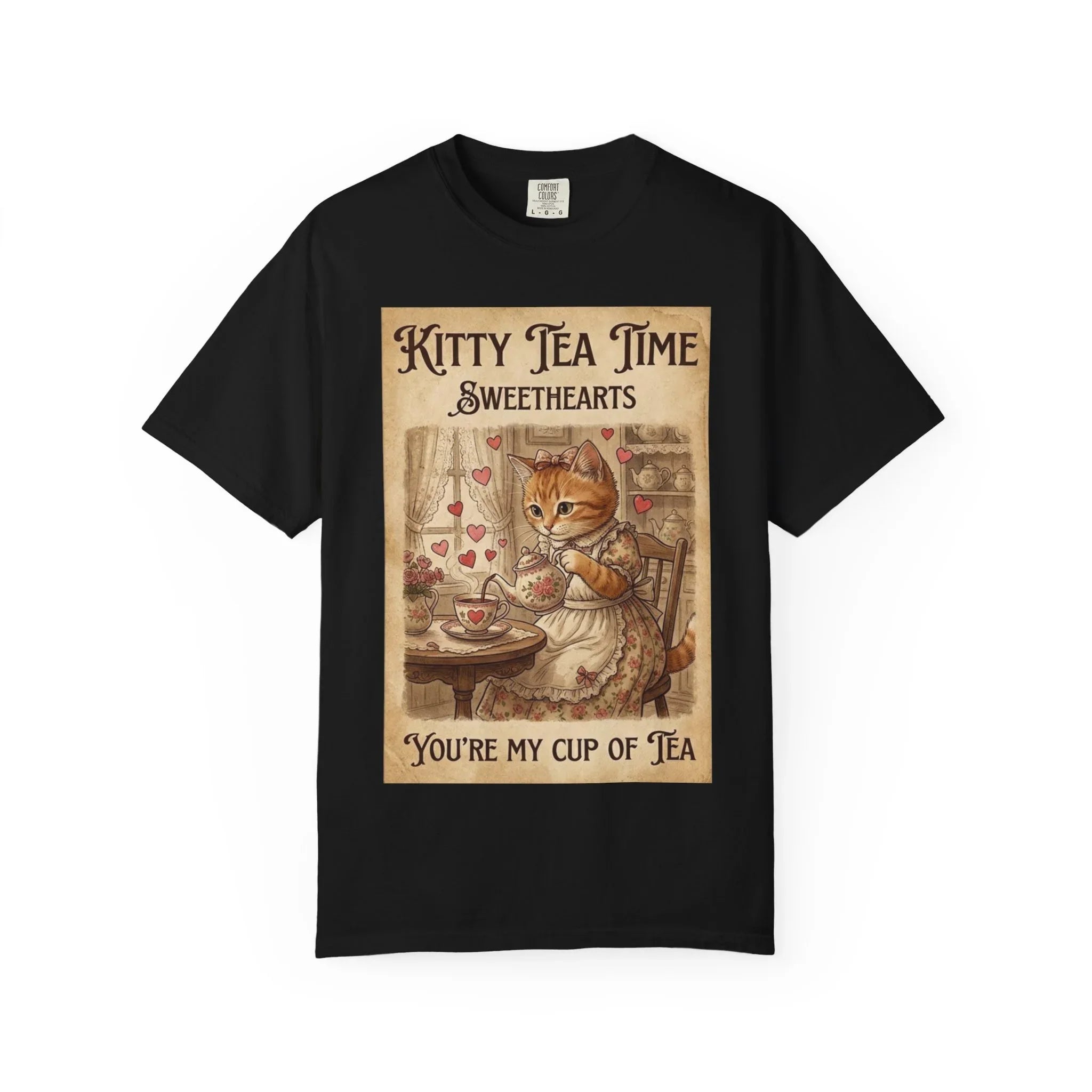 Kitty Tea Time T-Shirt | Vintage Cat Youre My Cup of Tea Graphic Tee | Retro Cozy Cat Lover Gift Shirt Black