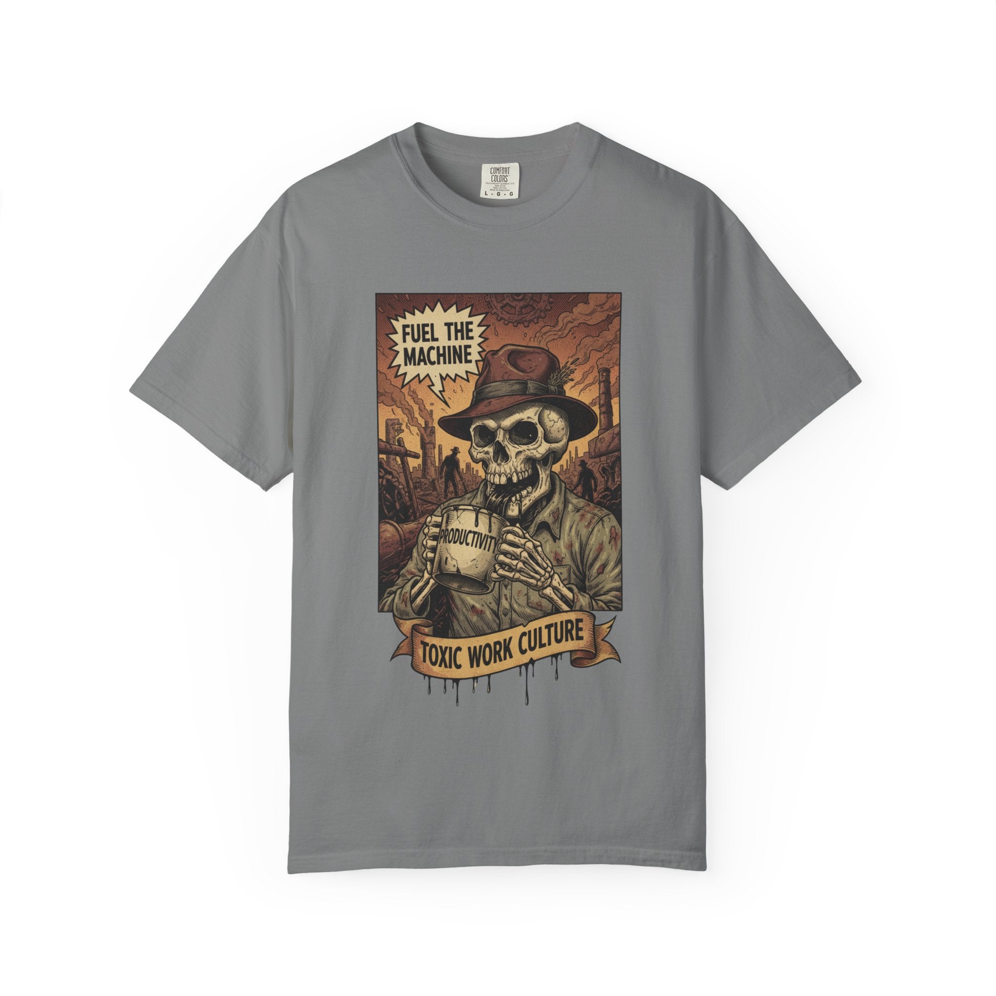 Fuel The Machine Shirt Vintage Skeleton Graphic Tee Anti Work Culture Satire Gift Funny Productivity Burnout T-Shirt Retro Industrial Grunge Grey