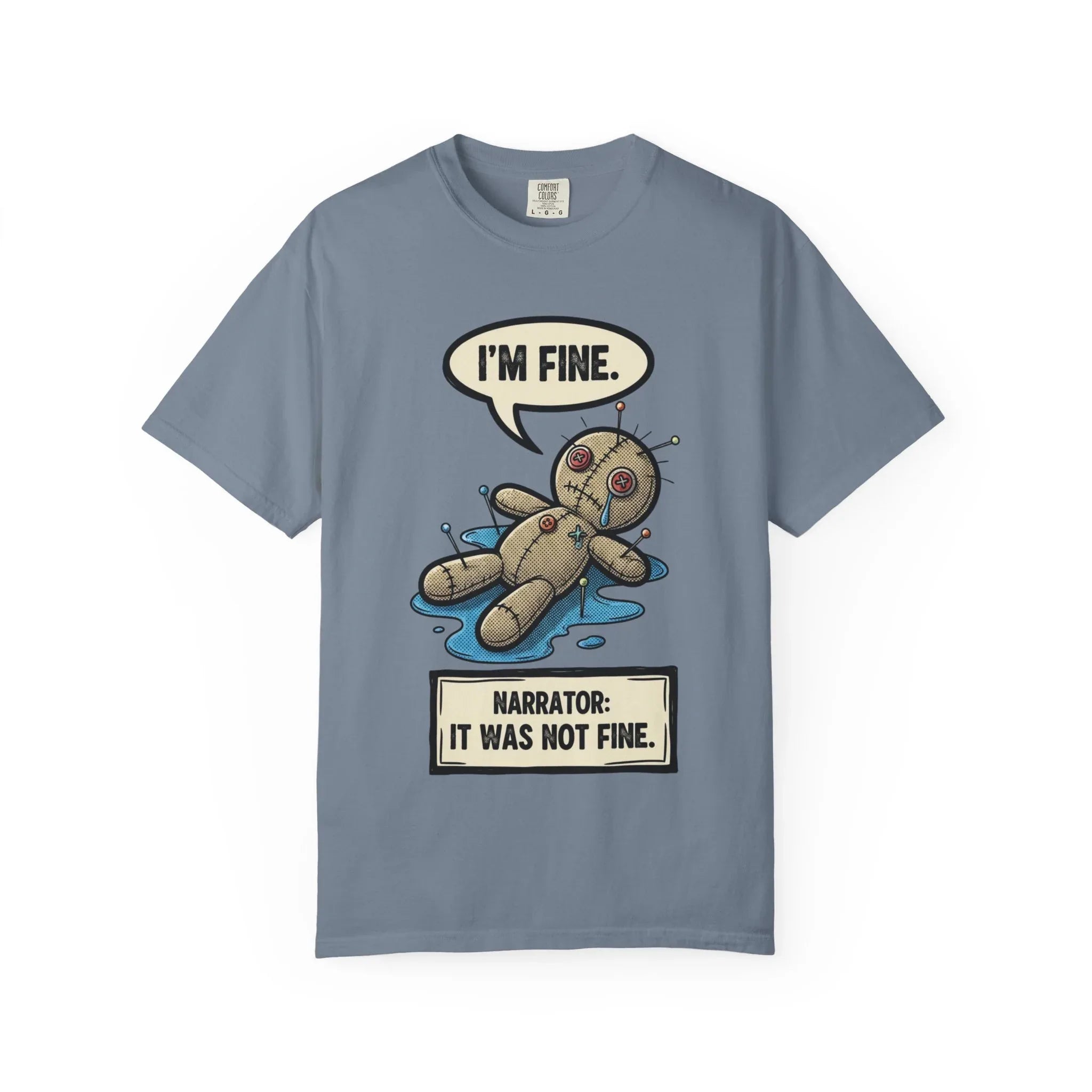 Funny Voodoo Doll "I'm Fine" Shirt - Sarcastic Mental Health Graphic Tee - Retro Comic Dark Humor T-Shirt - Vintage Garment-Dyed Relatable Mood Shirt - Edgy Aesthetic Streetwear Blue Jean