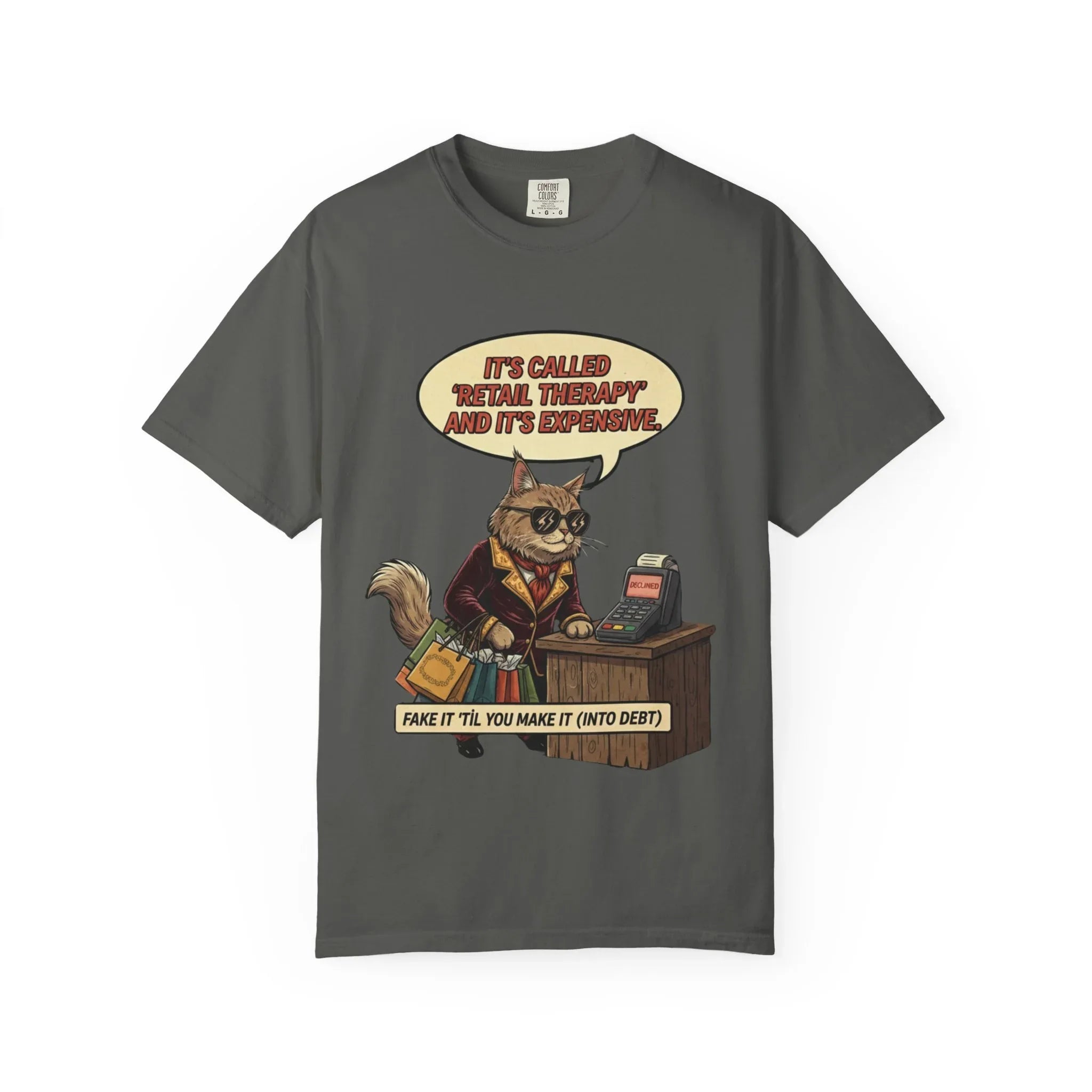 Funny Retail Therapy Cat Shirt - Sarcastic Shopping Meme Sweatshirt - "Declined" Screen Graphic Tee - Relatable Adulting Gift - Cute Cat Lover Sarcastic Apparel Pepper