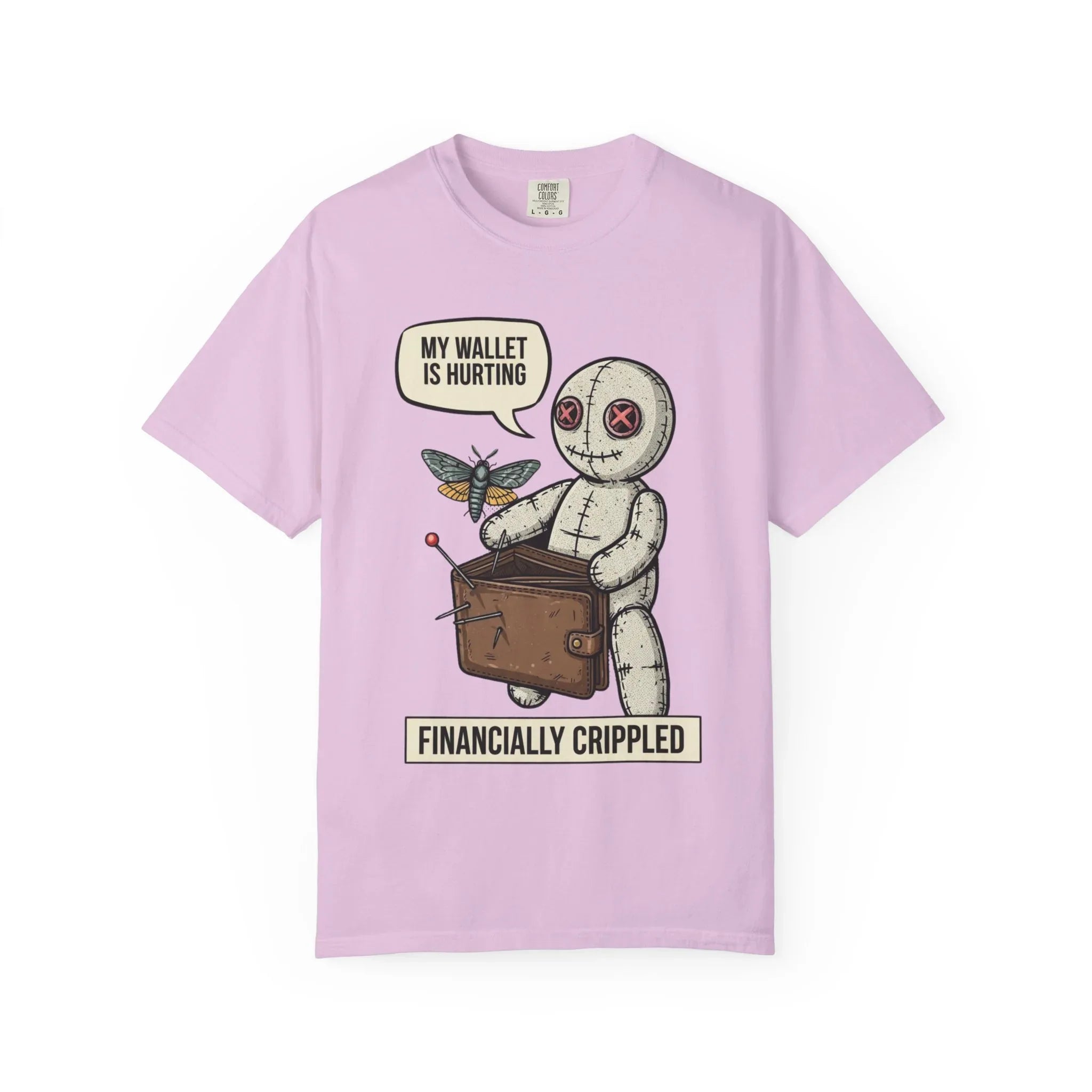 Funny Voodoo Doll Broke Life Shirt - Sarcastic "Financially Crippled" Graphic Tee - Retro Dark Humor Wallet T-Shirt - Vintage Aesthetic Streetwear Gift - Relatable Financial Struggle Mood Shirt Orchid