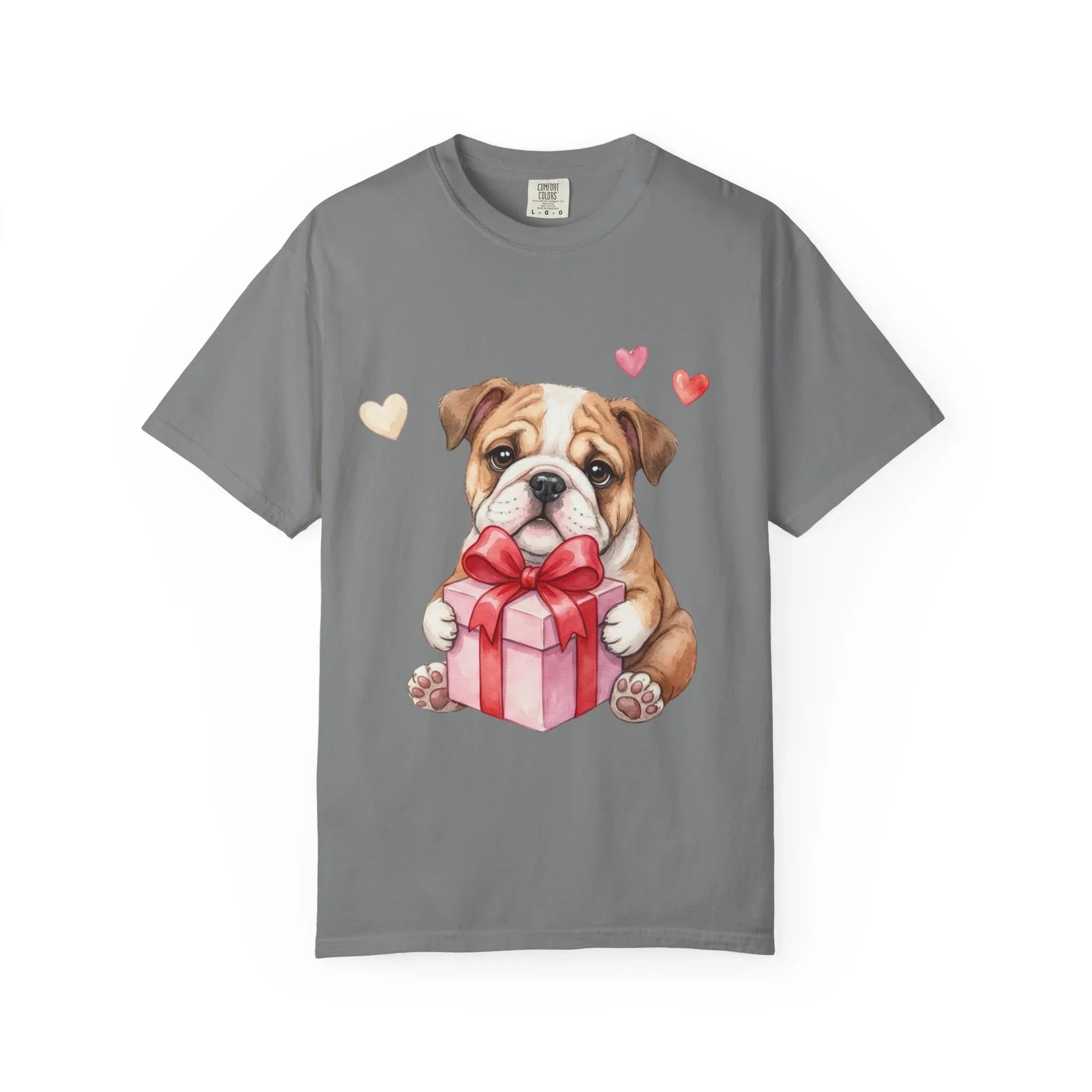 Bulldog Puppy with Gift T-Shirt | Cute Dog Valentine Hearts | Cozy Pet Lover Gift | Soft Vintage Aesthetic Dog Tee Grey