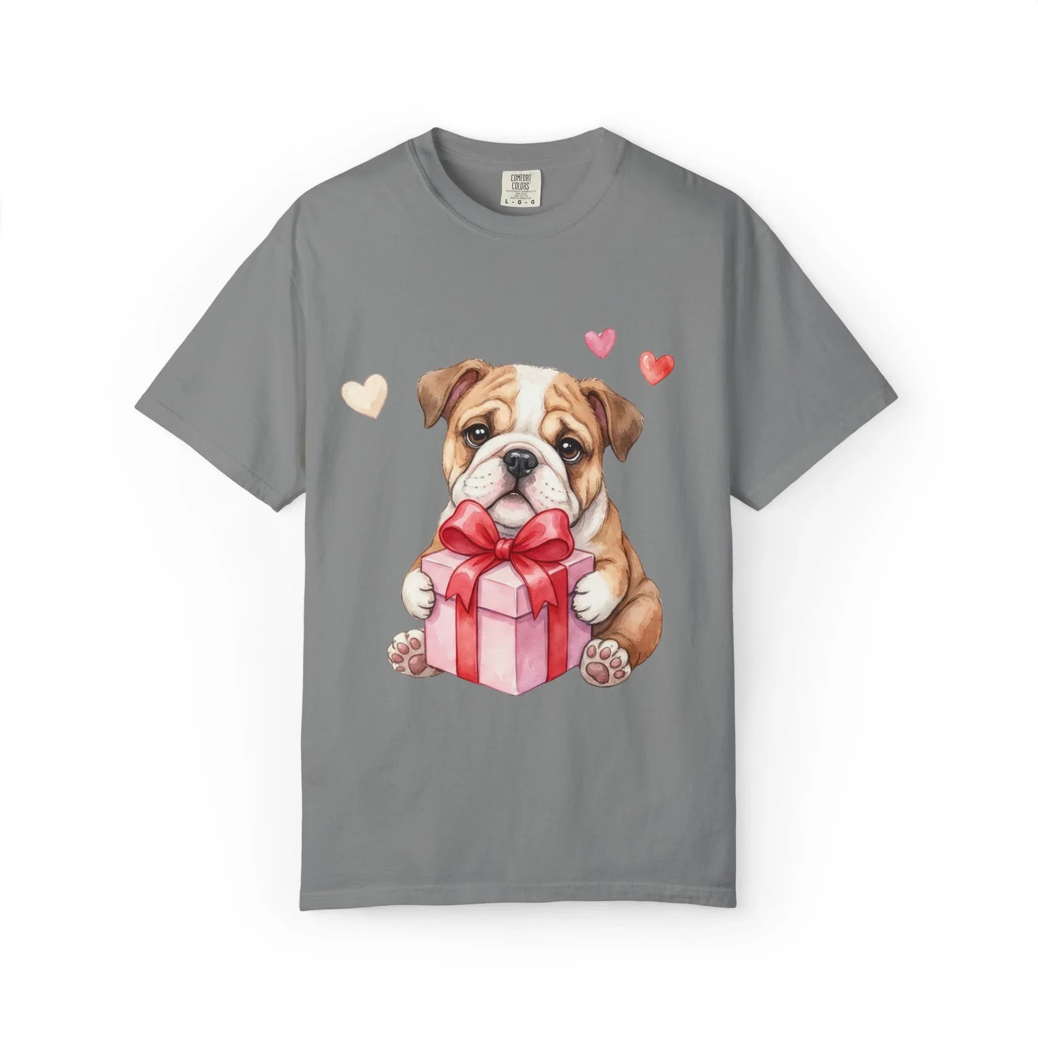 Bulldog Puppy with Gift T-Shirt | Cute Dog Valentine Hearts | Cozy Pet Lover Gift | Soft Vintage Aesthetic Dog Tee Grey