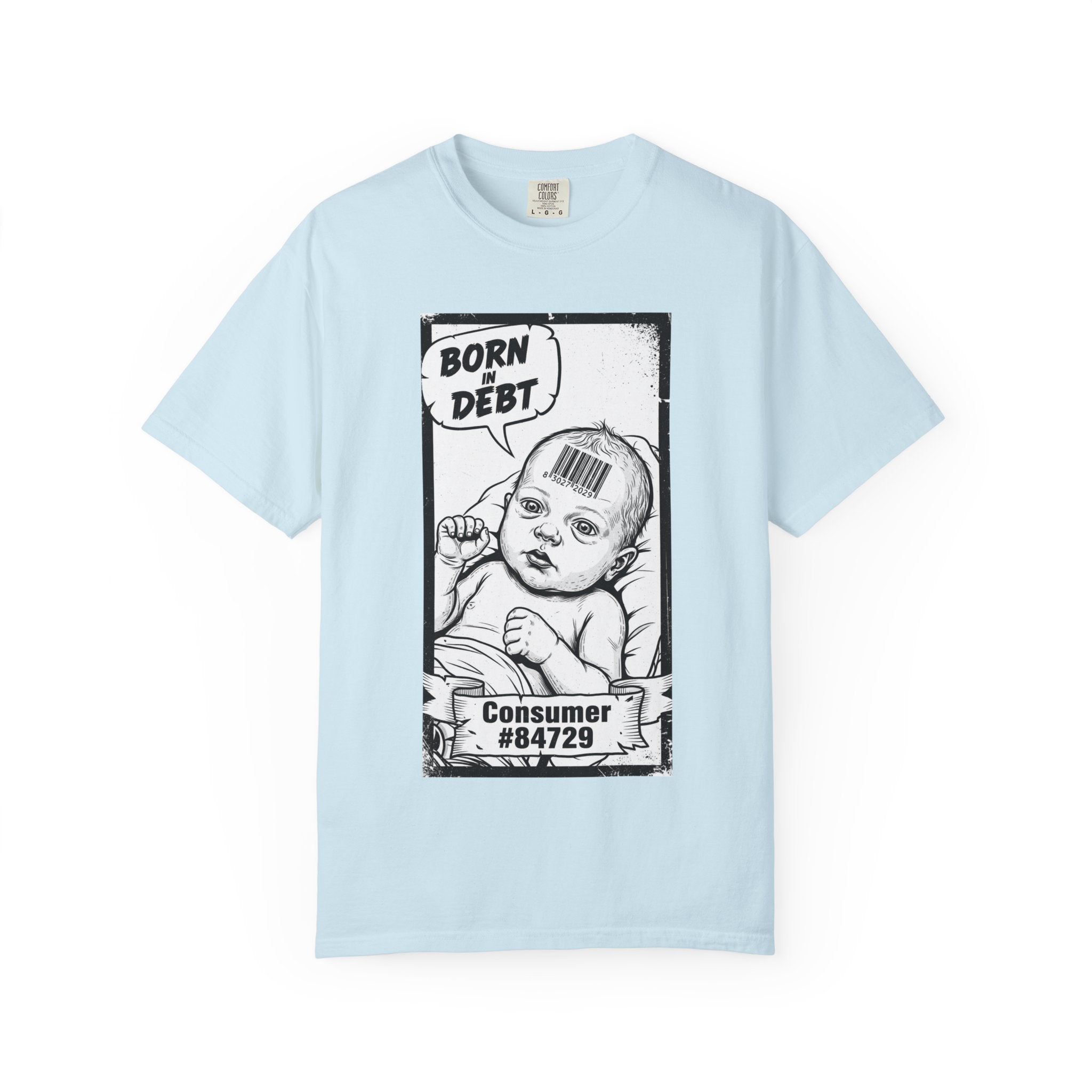 Born In Debt Shirt Social Satire Tee Anti Capitalism Gift Edgy Grunge Clothing Consumerism Barcode Graphic Retro Comic Art Shirt Chambray
