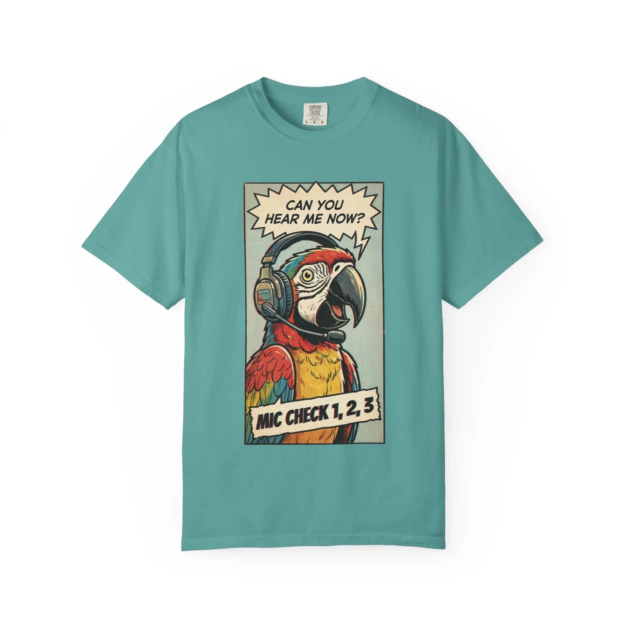 Funny Parrot Gamer Shirt - Vintage Comic Pop Art T-Shirt - Retro Macaw Bird "Mic Check" Graphic Tee - Sarcastic Podcast & Streamer Gift - Aesthetic Bird Lover Streetwear Seafoam