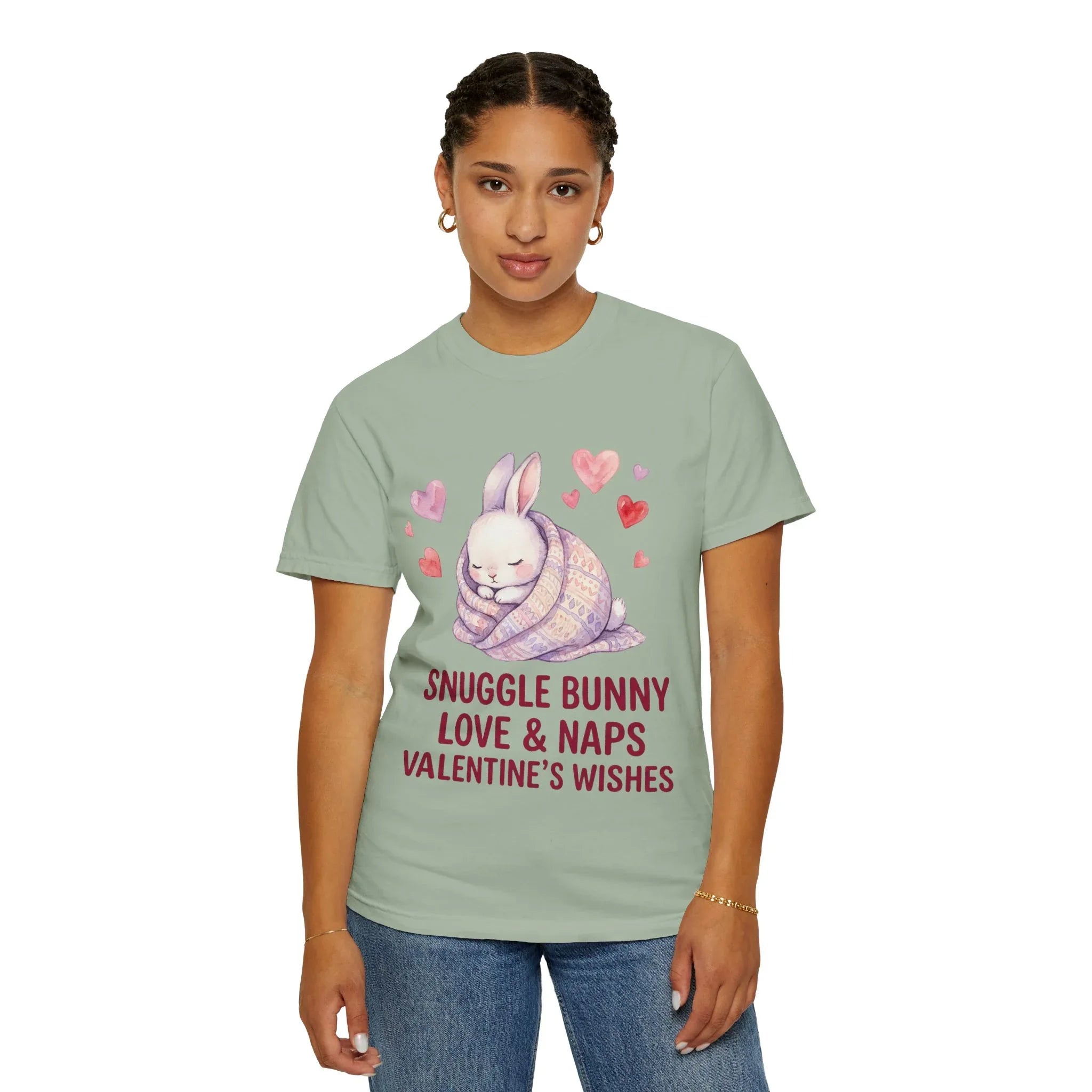 Snuggle Bunny Love and Naps Valentines T Shirt Cute Bunny Hearts Watercolor Cozy Vintage Aesthetic Gift for Bunny Lovers Soft Romantic Bay