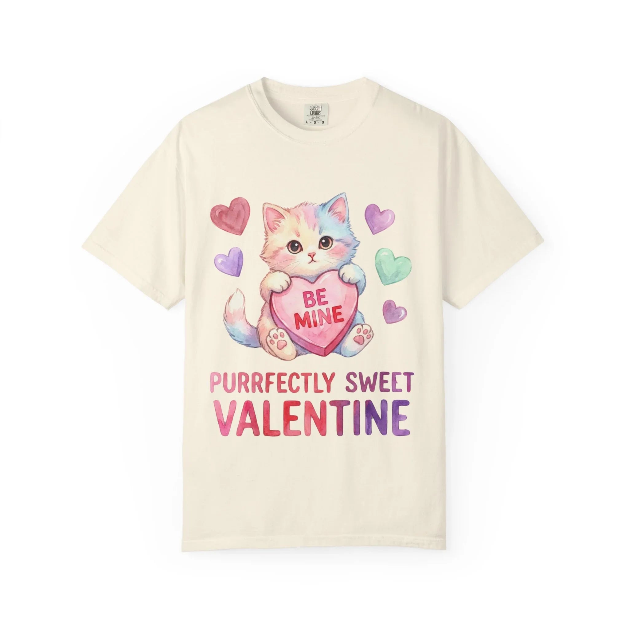 Purrfectly Sweet Valentine Cat T-Shirt | Be Mine Heart Design | Cute Pastel Kitten Tee | Cozy Romantic Gift for Cat Lovers Ivory