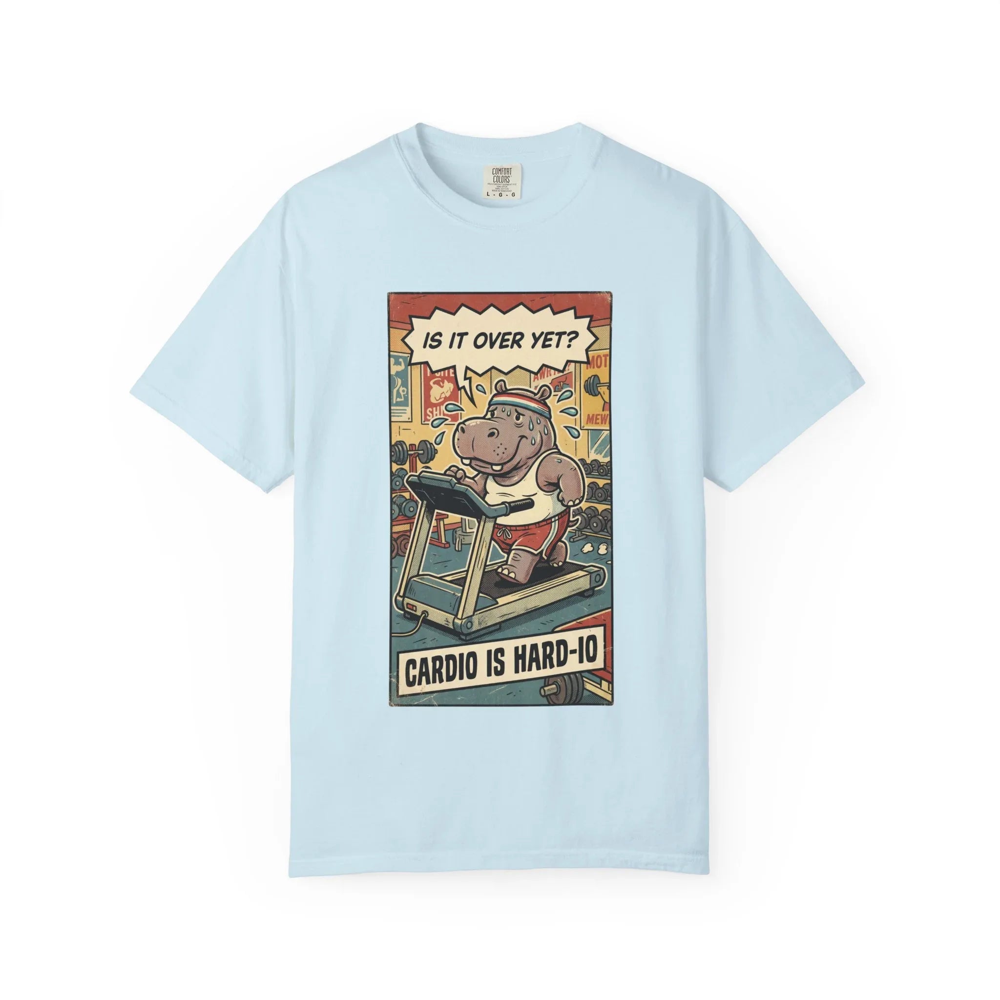 Funny Hippo Cardio Shirt - "Cardio is Hard-io" Retro Gym Tee - Vintage Sarcastic Workout T-Shirt - Humorous Exercise Fitness Gift - Distressed Comic Style Streetwear Chambray