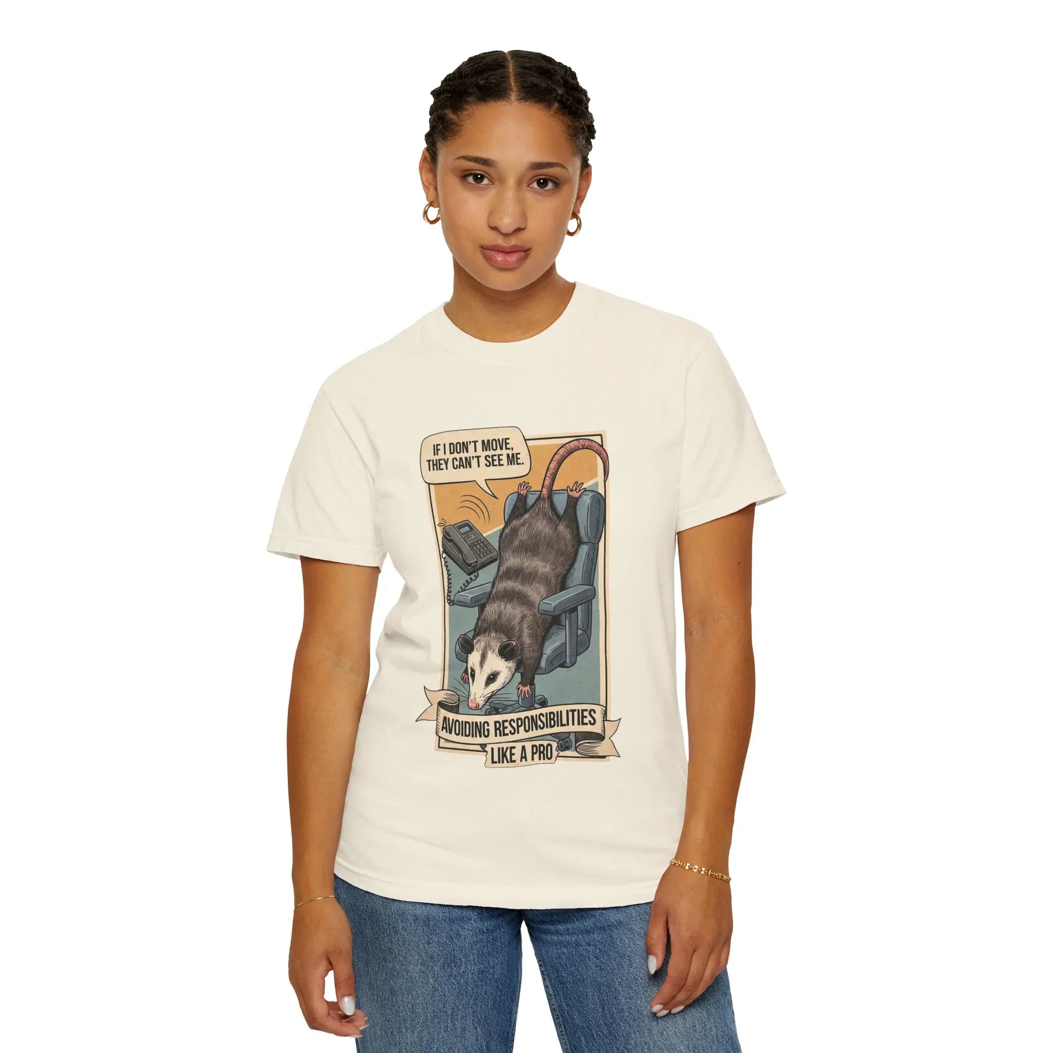 Funny Opossum Avoiding Responsibilities Shirt - Sarcastic Office Humor T-Shirt - Coworker Procrastination Gift - Introvert Work From Home Tee - Retro "Playing Dead" Possum Graphic Ivory