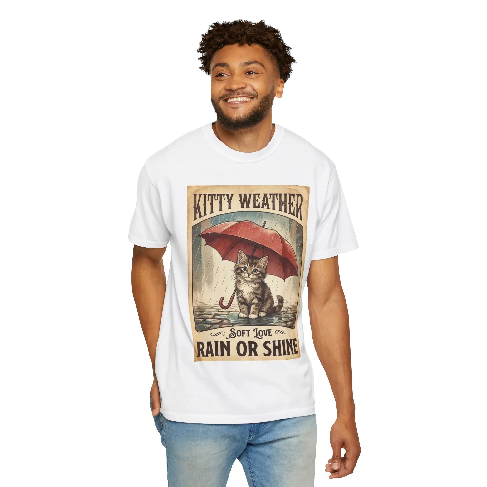 Kitty Weather Rain or Shine Shirt, Umbrella Cat Vintage Poster T-Shirt, Cozy Rainy Day Kitten Tee, Retro Cat Lover Gift