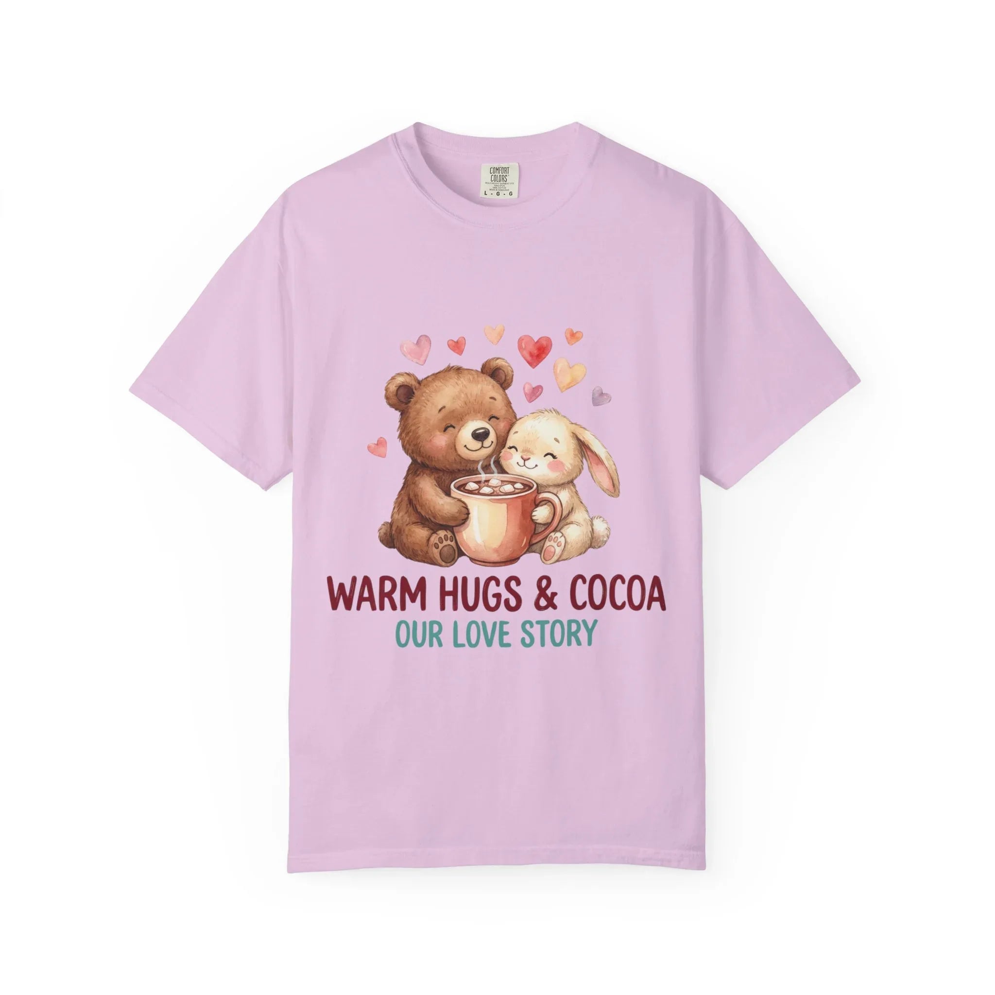 Warm Hugs and Cocoa Our Love Story T-Shirt | Bear Bunny Illustration | Cozy Winter Valentine Gift | Soft Vintage Storybook Tee Orchid