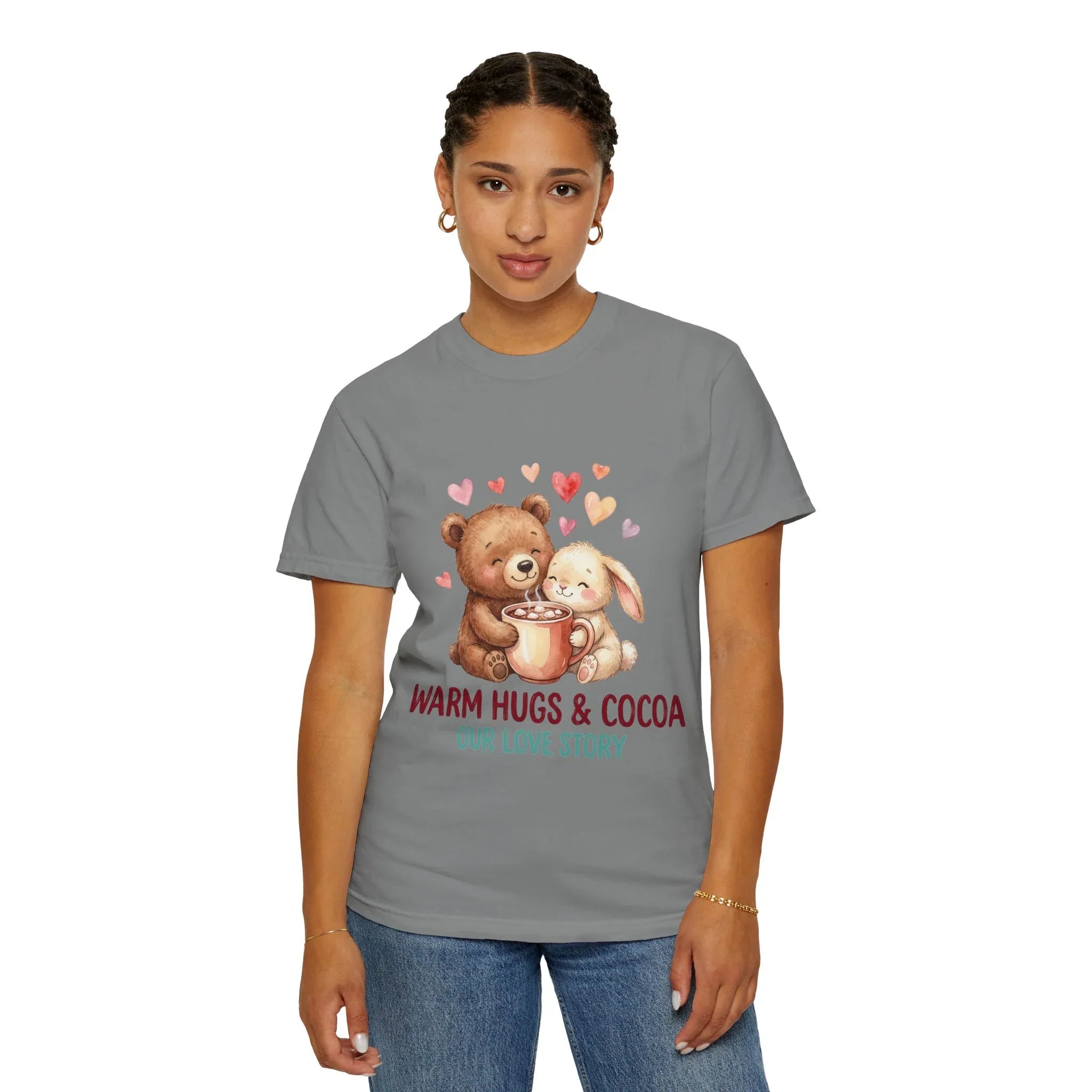 Warm Hugs and Cocoa Our Love Story T-Shirt | Bear Bunny Illustration | Cozy Winter Valentine Gift | Soft Vintage Storybook Tee Grey