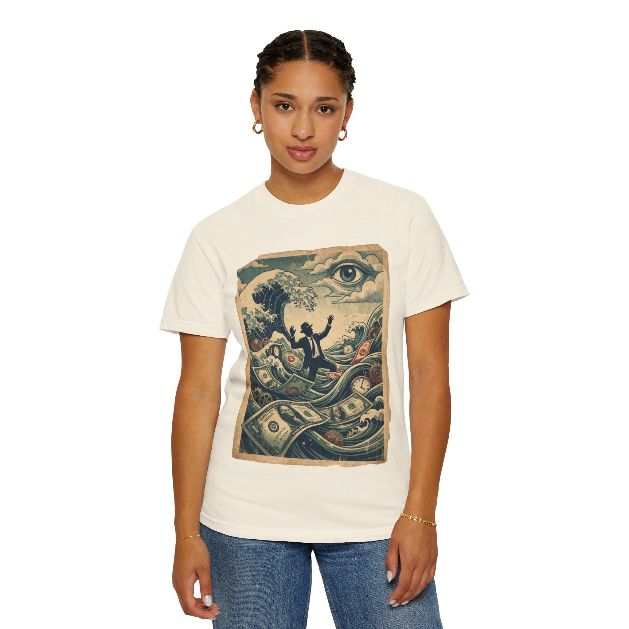 Vintage Dystopian Debt Shirt, All-Seeing Eye Surreal Art Tee, Corporate Overload Graphic, Dark Academia Aesthetic, Gift for Economists, Philosophy Satire Unisex T-Shirt