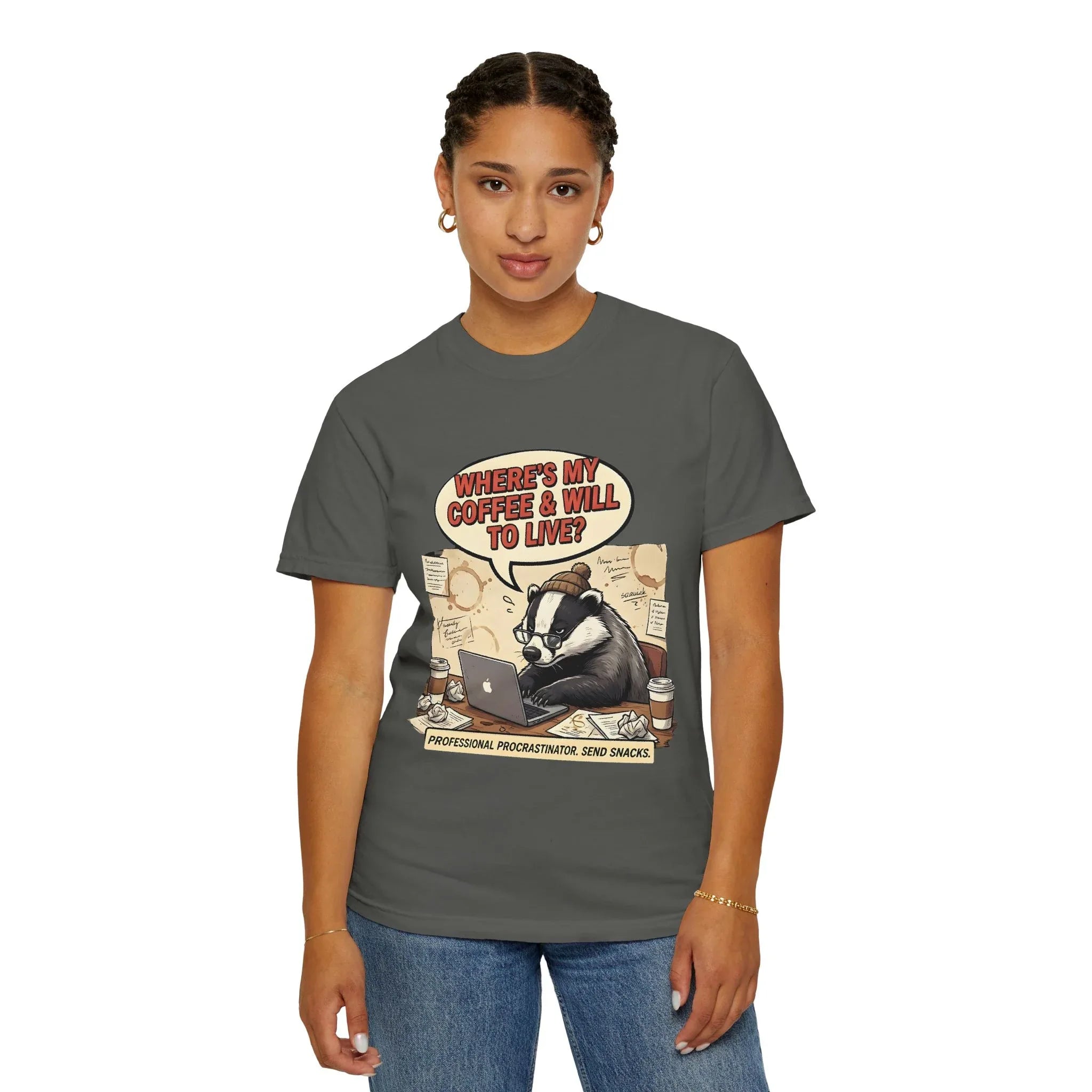 Where's My Coffee and Will to Live Badger T-Shirt | Procrastination Coffee Design | Funny Freelancer Gift | Vintage Sarcastic Humor Tee