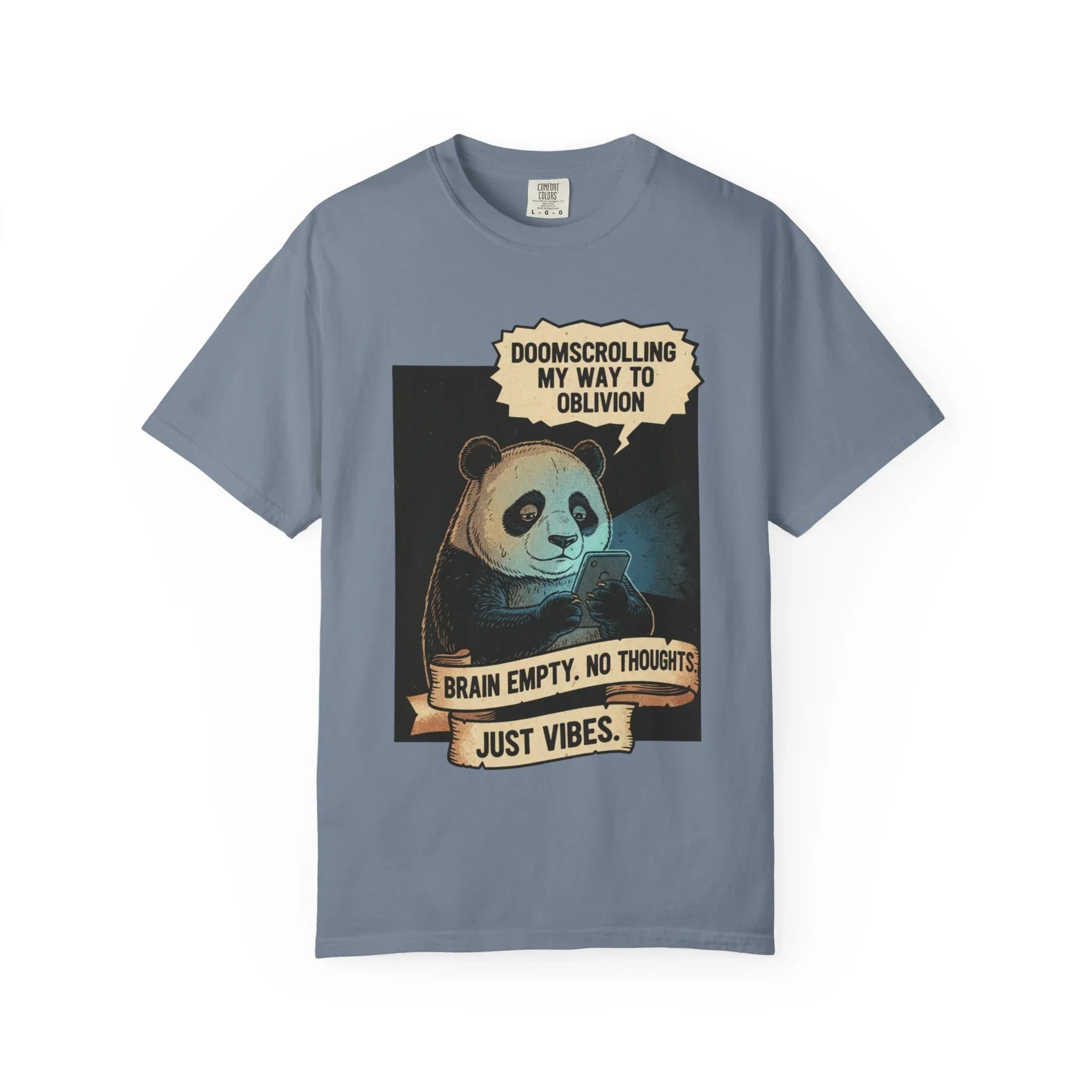 Funny Panda Doomscrolling Shirt - Brain Empty No Thoughts Just Vibes Tee - Retro Vintage Aesthetic T-Shirt - Relatable Digital Burnout Meme Gift - Smartphone Addict Introvert Top Blue Jean