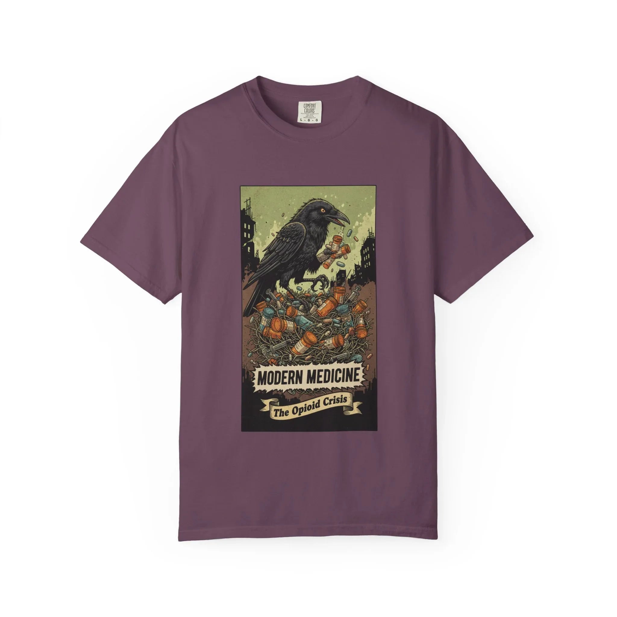 Modern Medicine Raven Shirt - Opioid Crisis Satire Tee - Dark Gothic Graphic T-Shirt - Vintage Social Commentary Art - Raven Nest Medicine Bottle Dark Humor Streetwear Berry