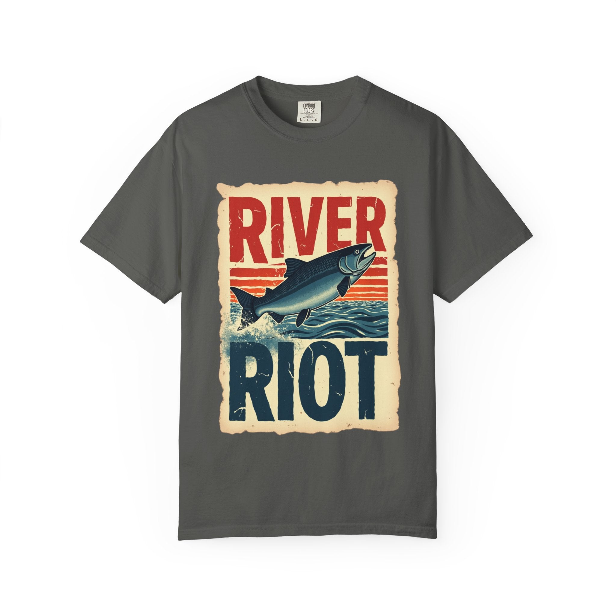 River Riot Salmon T-Shirt, Retro Fishing Graphic Tee, Vintage Fish Poster Design, Leaping Salmon Sunburst Stripes, Unisex Garment-Dyed Pepper