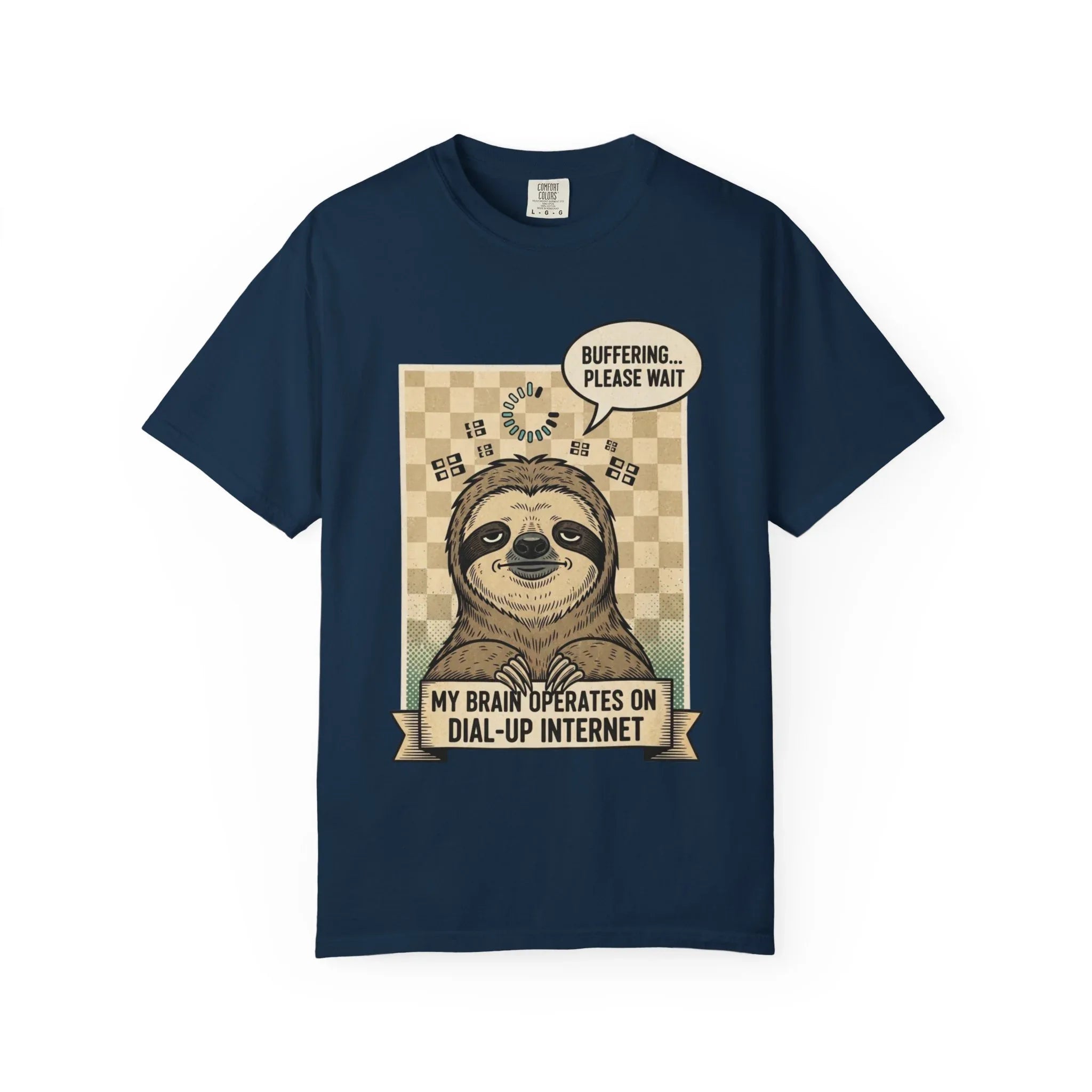 Funny Sloth Shirt - Retro 90s Dial-Up Internet Tee - "My Brain Operates on Dial-Up" Buffering Graphic T-Shirt - Sarcastic Sloth Lover Gift - Vintage Style Comfort Colors Apparel True Navy