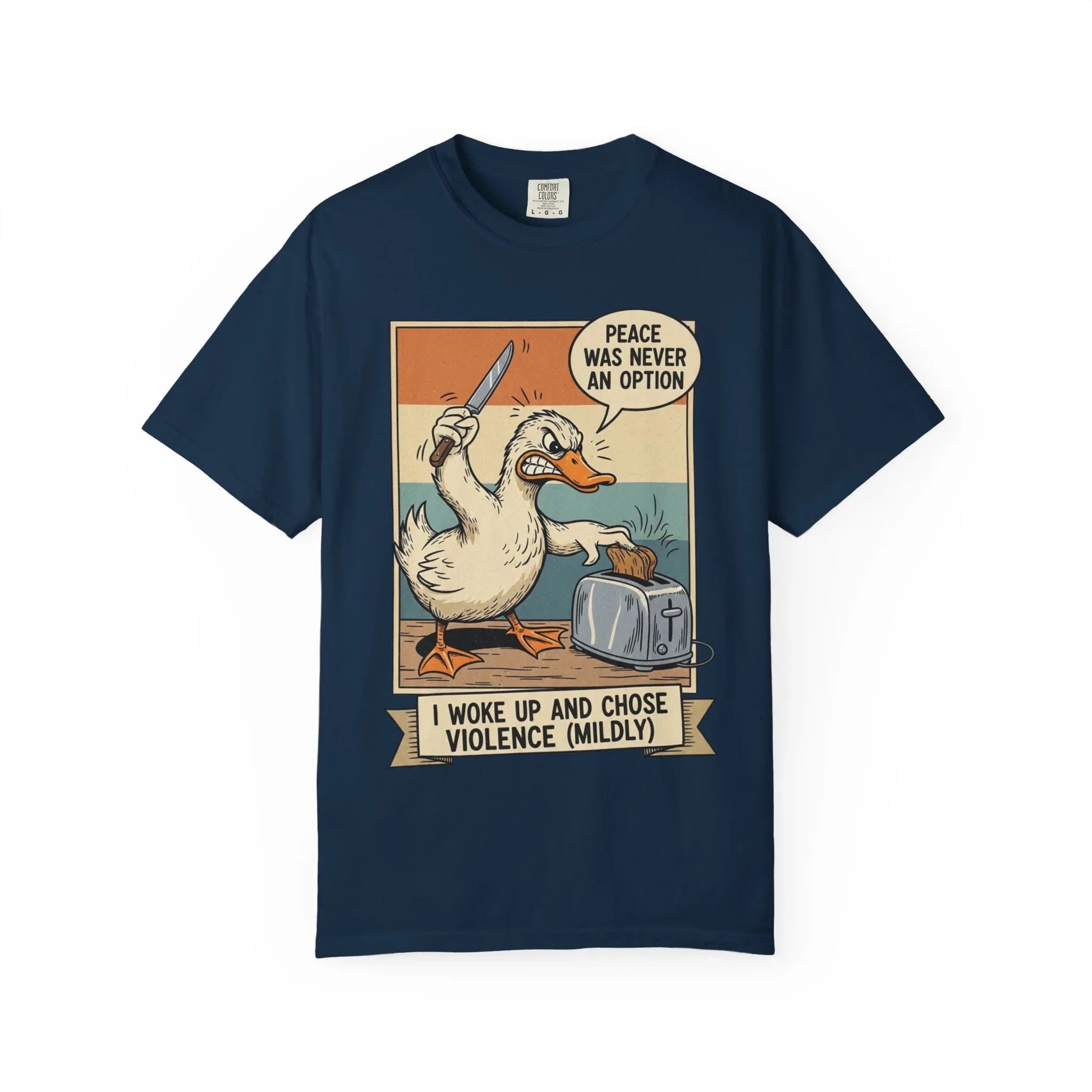 Funny Duck Shirt Meme Peace Was Never An Option Retro Vintage Aesthetic Angry Bird Knife Graphic Tee Sarcastic Gift for Friend True Navy