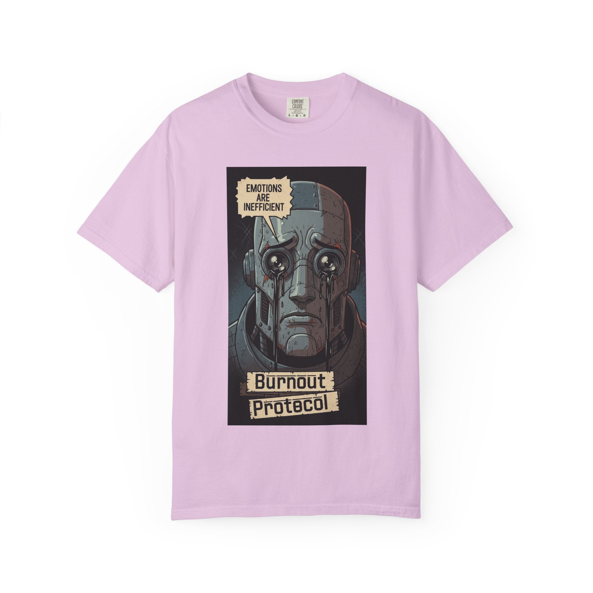 Burnout Protocol Robot Shirt Retro Comic Graphic Tee Sarcastic Android Emotions Are Inefficient Top Vintage Tech Gift for Engineers Orchid